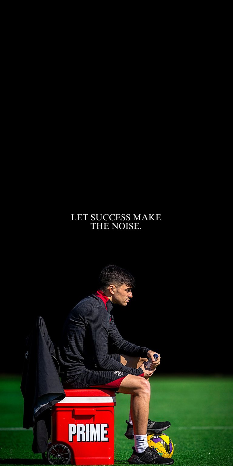 A sleek, cinematic 4K wallpaper of Pedri González seated on a Prime hydration cooler during a break. The image is set against a deep black background, highlighting the player in his training gear. It features the powerful quote "LET SUCCESS MAKE THE NOISE," offering a quiet but intense aesthetic for fans of the midfield maestro.