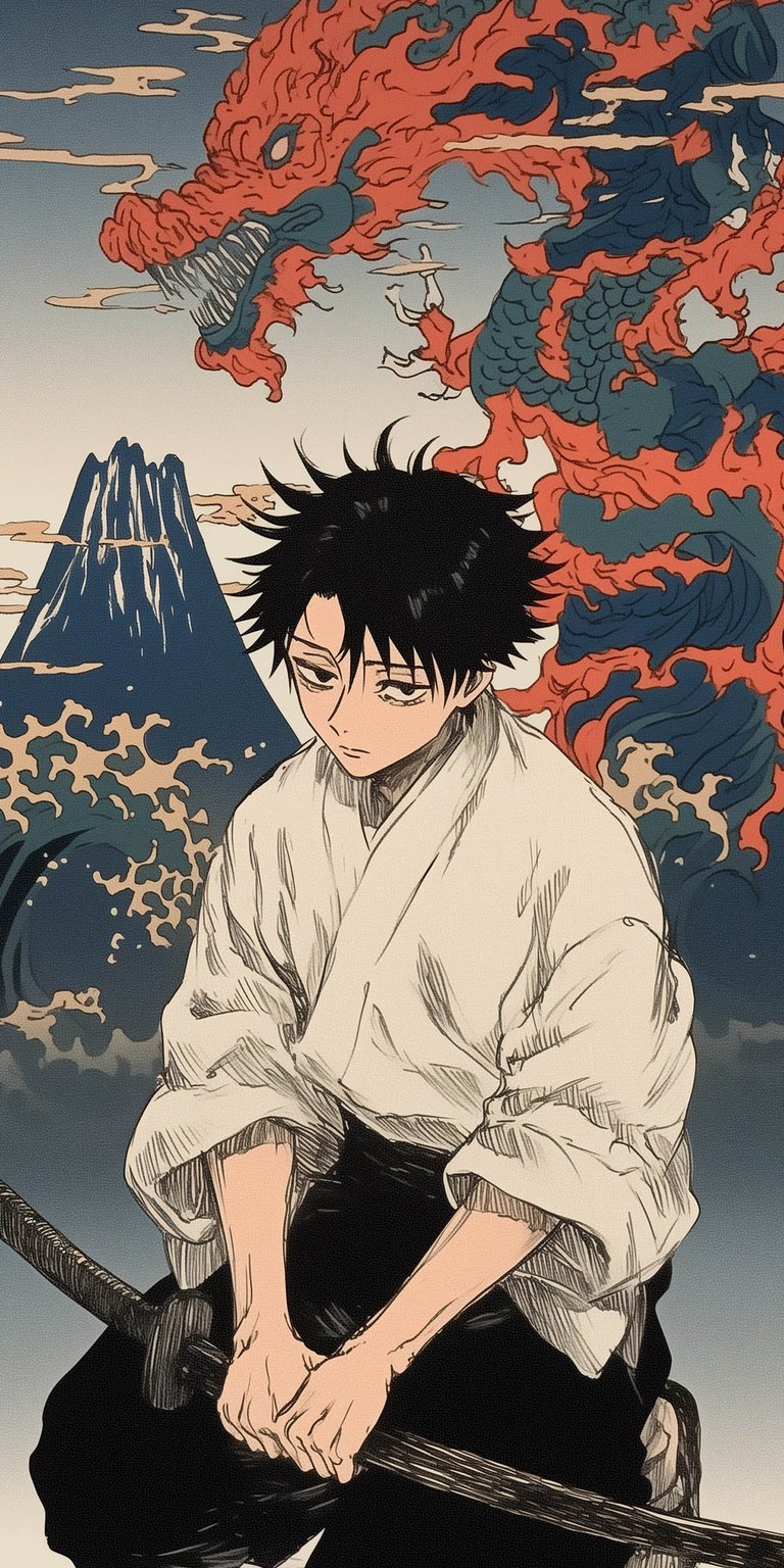 This Megumi Fushiguro 4K wallpaper features a stunning ukiyo-e art style perfect for your iPhone home screen. This aesthetic wallpaper captures a serene yet powerful mood with its muted earth tones and vibrant orange dragon contrast.