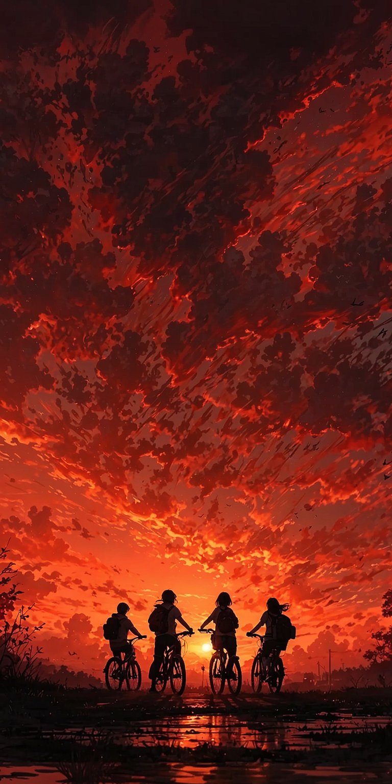 This Stranger Things wallpaper showcases the crew on their bikes in 4K resolution, perfect for your iPhone. Set against a fiery red sky with clouds, their reflections shimmer in the water below.