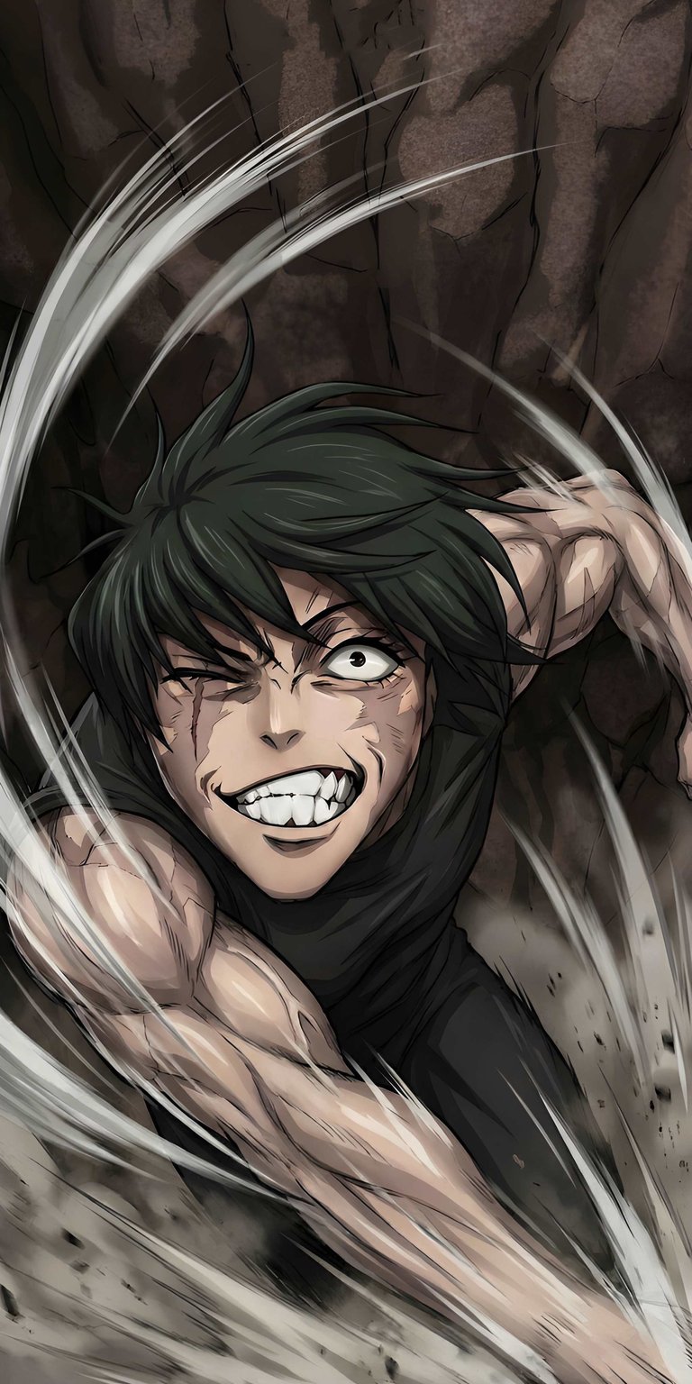 Download this high-quality Yuji Itadori 4K wallpaper for your iPhone, showcasing him with a sinister grin and a determined one-eyed gaze amidst swirling, dynamic speed lines. This striking wallpaper captures Itadori's intensity and raw power.