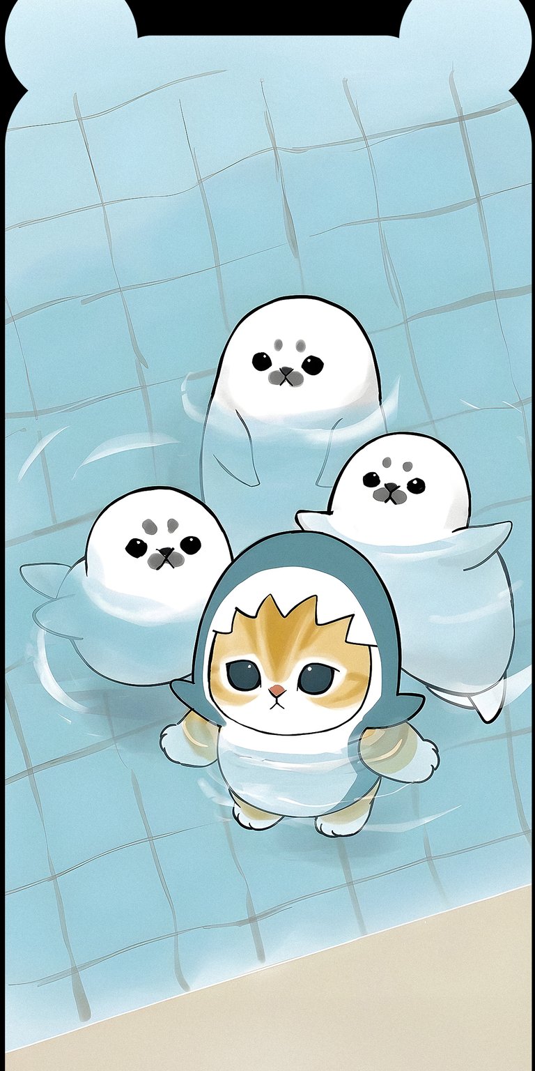 Baby seal with cat in shark costume art wallpaper