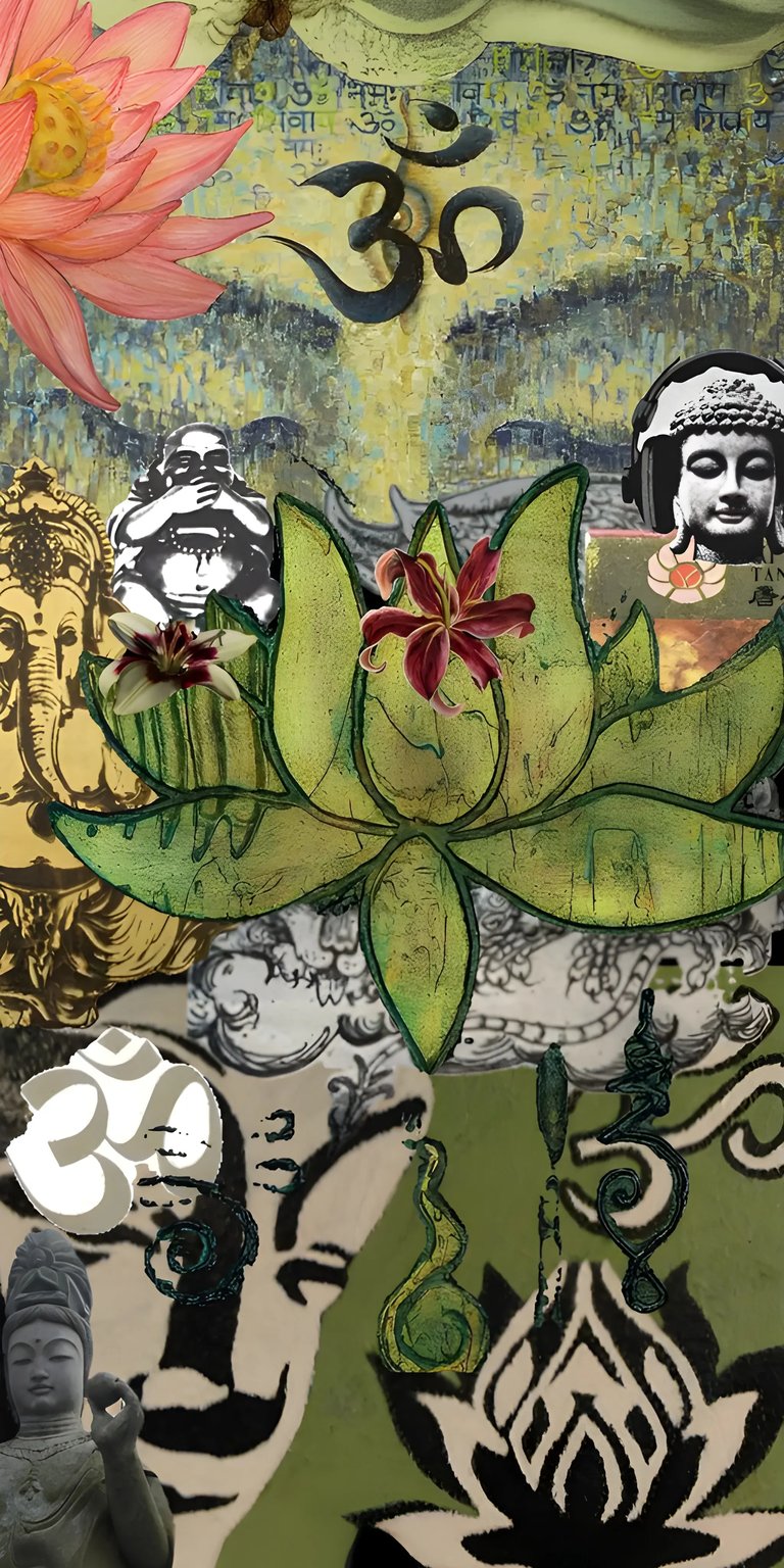 This vibrant Buddha wallpaper in 4K resolution is perfect for your iPhone. The detailed collage features a pink lotus, Om symbol, and a statue with headphones.