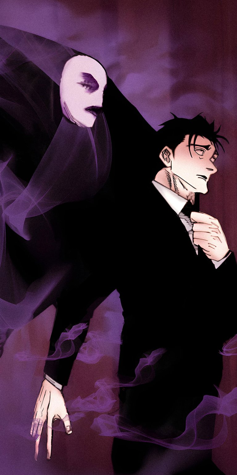 This Baek wallpaper in 4K is ideal for iPhone, showcasing him in a suit with a ghostlike figure looming behind. Notice the wisps of purple smoke and the stark white mask of the apparition.