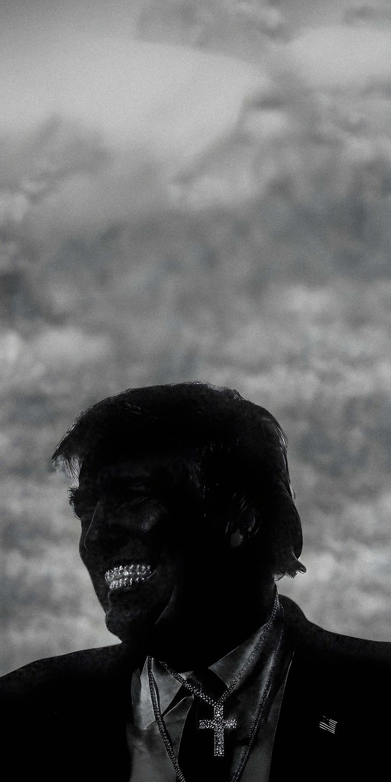 Get this striking Trump wallpaper in 4K for your iPhone, featuring a black and white aesthetic. The image showcases a cross necklace, a dark silhouette, and a backdrop of cloudy skies.