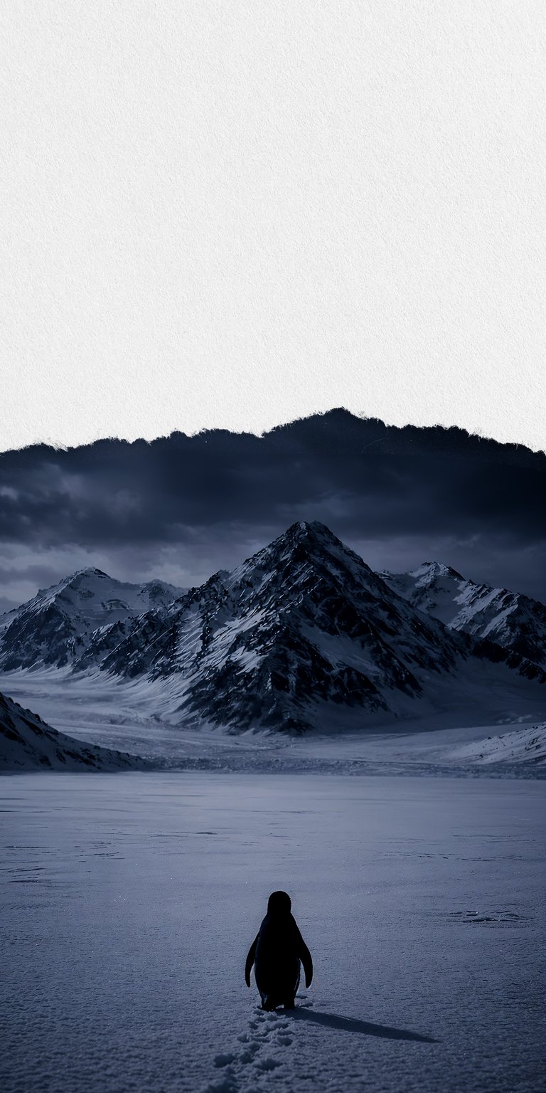 Download this unique nihilist Penguin wallpaper in 4K, perfect for your iPhone. This striking wallpaper features a lone penguin, standing in a snowy field with a mountain range in the background.