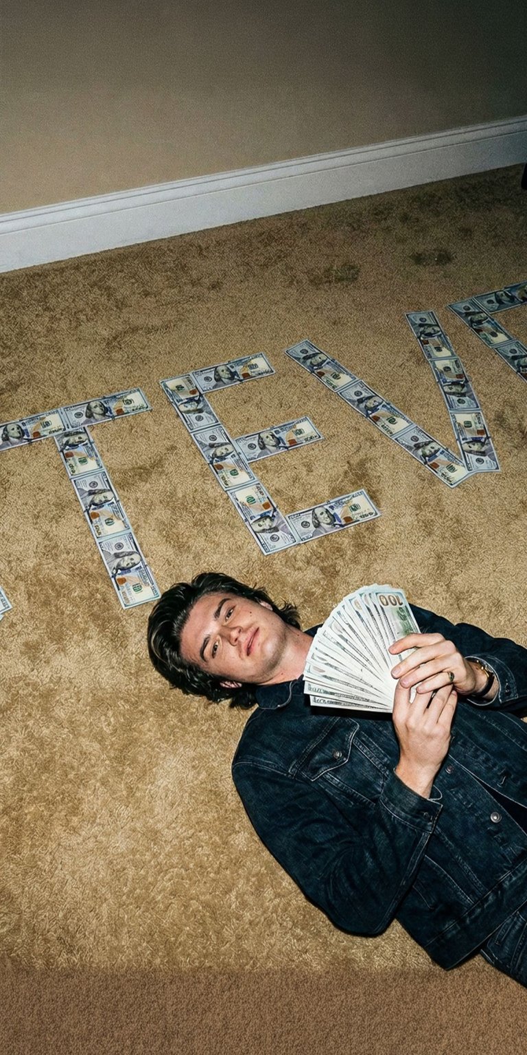 Download this cool Joe Keery 4K wallpaper for your iPhone, showcasing him lying on a carpet with the name 'STEVIE' spelled out in money. This unique wallpaper features Keery holding a fan of $100 bills and wearing a stylish black denim jacket.