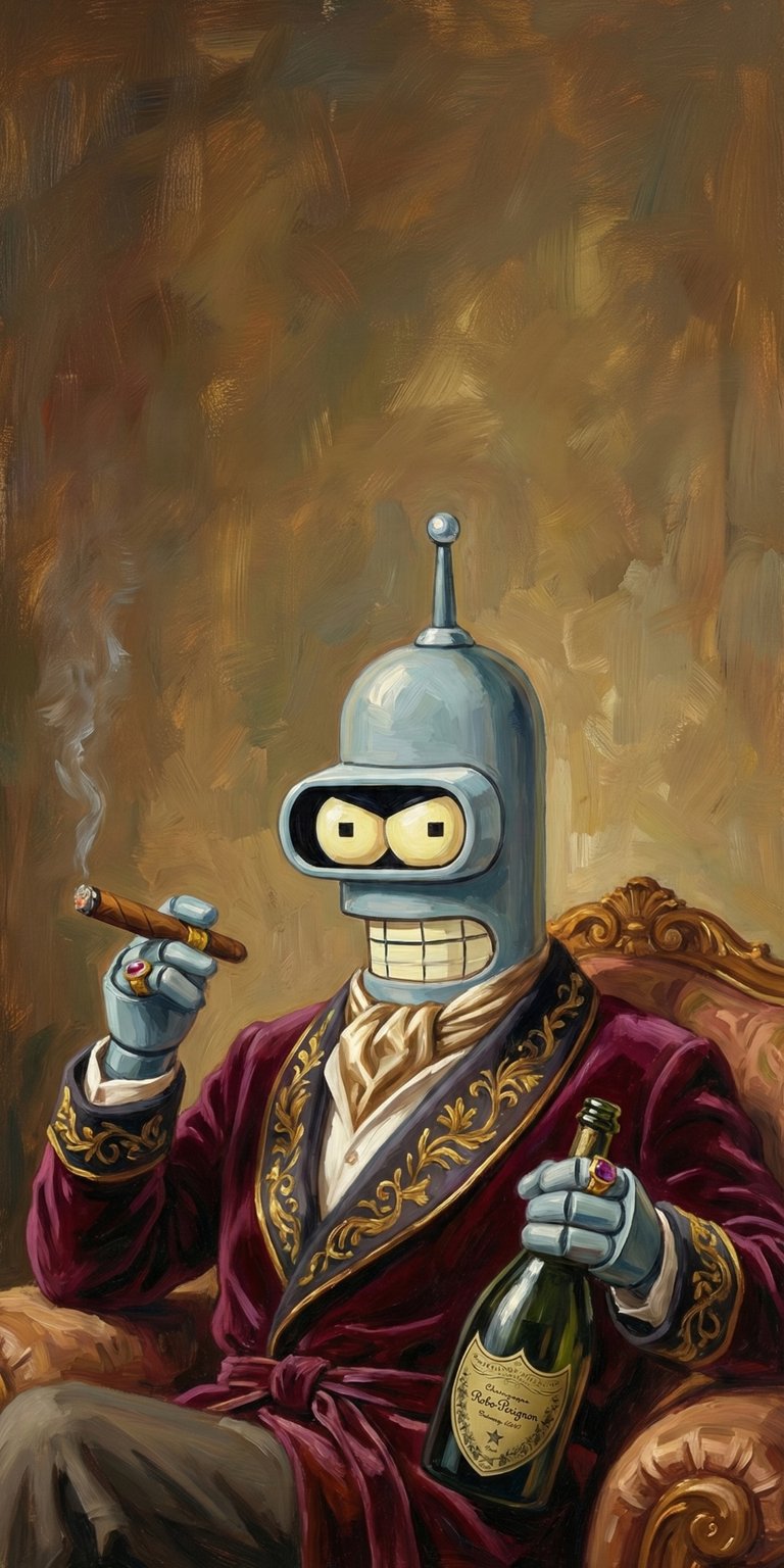 This premium 4K wallpaper features Bender in a velvet robe with cinematic textures and a sophisticated oil painting aesthetic. Enhance your iPhone or mobile home screen with this humorous yet high-end character wallpaper.