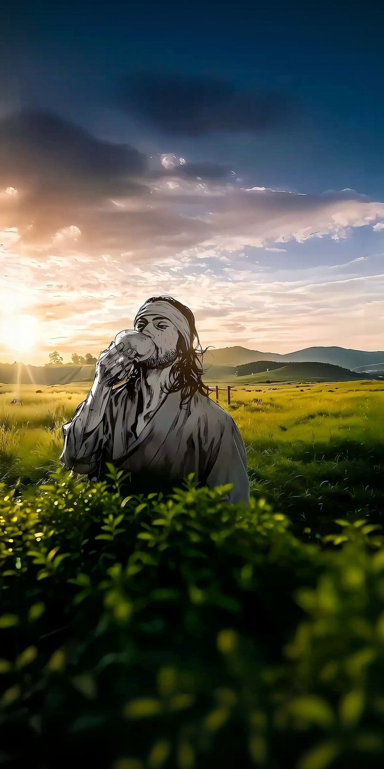 Download this breathtaking Eren Yeager 4K wallpaper for your iPhone, showcasing Eren eating an apple in a lush field as the sun sets on the horizon. The scenic background and detailed illustration make this a must-have wallpaper.