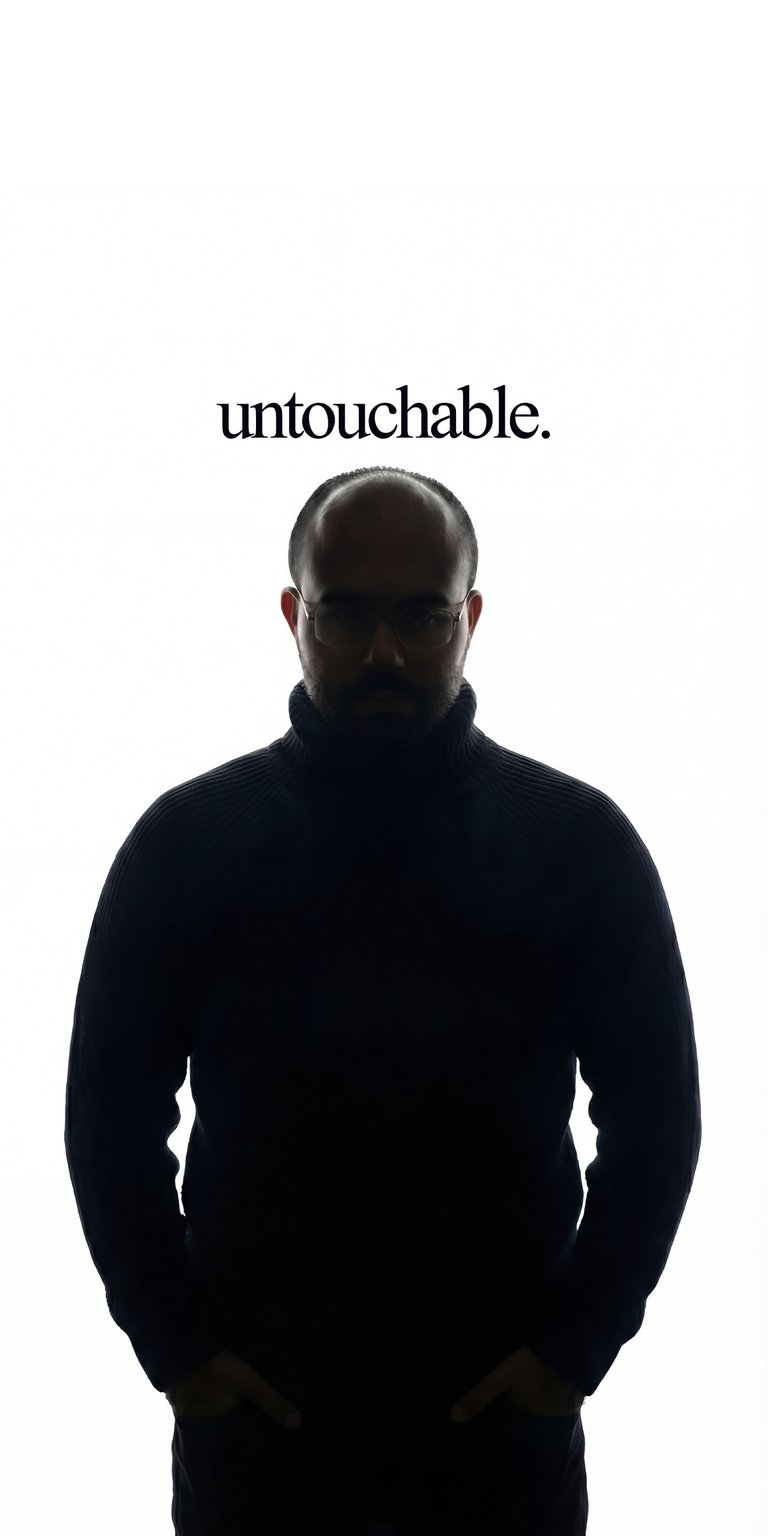 Danny Slicer Untouchable Text Static wallpaper featuring a minimalist composition with a bright white background and strong dark silhouette contrast. This minimalist wallpaper for iPhone highlights a centered portrait in shadow with bold “untouchable.” text above, creating a clean and dramatic lock screen or home screen look.
