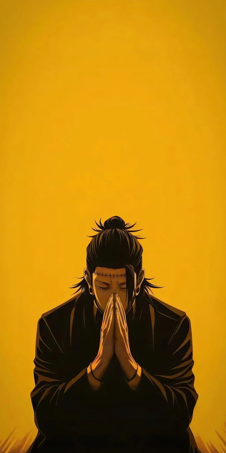 Download this Suguru Geto 4K wallpaper for your iPhone, showcasing the character in prayer with a stylish topknot and stitchwork. This stunning wallpaper captures the essence of the character perfectly.