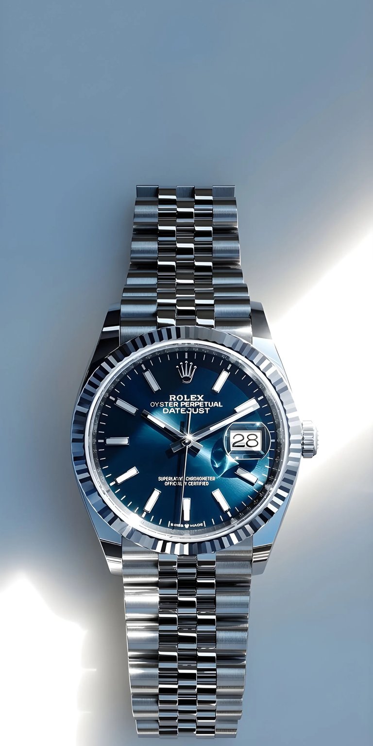 This iPhone wallpaper showcases a Rolex watch with a blue face and a date window displaying the 28th. Get this Rolex wallpaper to add style to your phone in 4K resolution.