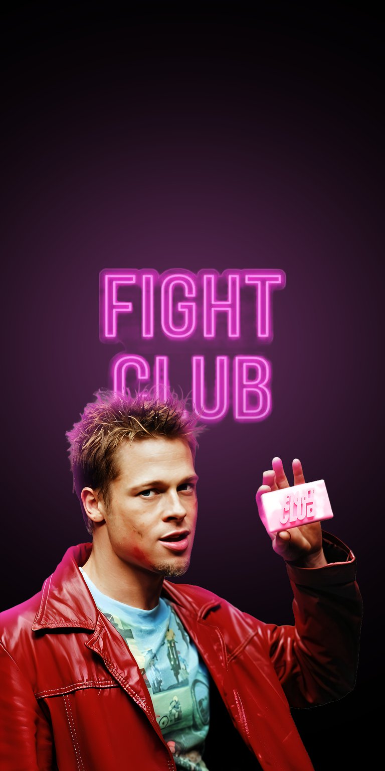 A striking 4K vertical wallpaper featuring the Narrator (Jack) in his iconic red leather jacket, holding a cigarette and standing beneath a vibrant, glowing pink neon sign that reads "FIGHT CLUB." This high-contrast image captures the underground, gritty aesthetic of the film and is perfect for mobile devices.