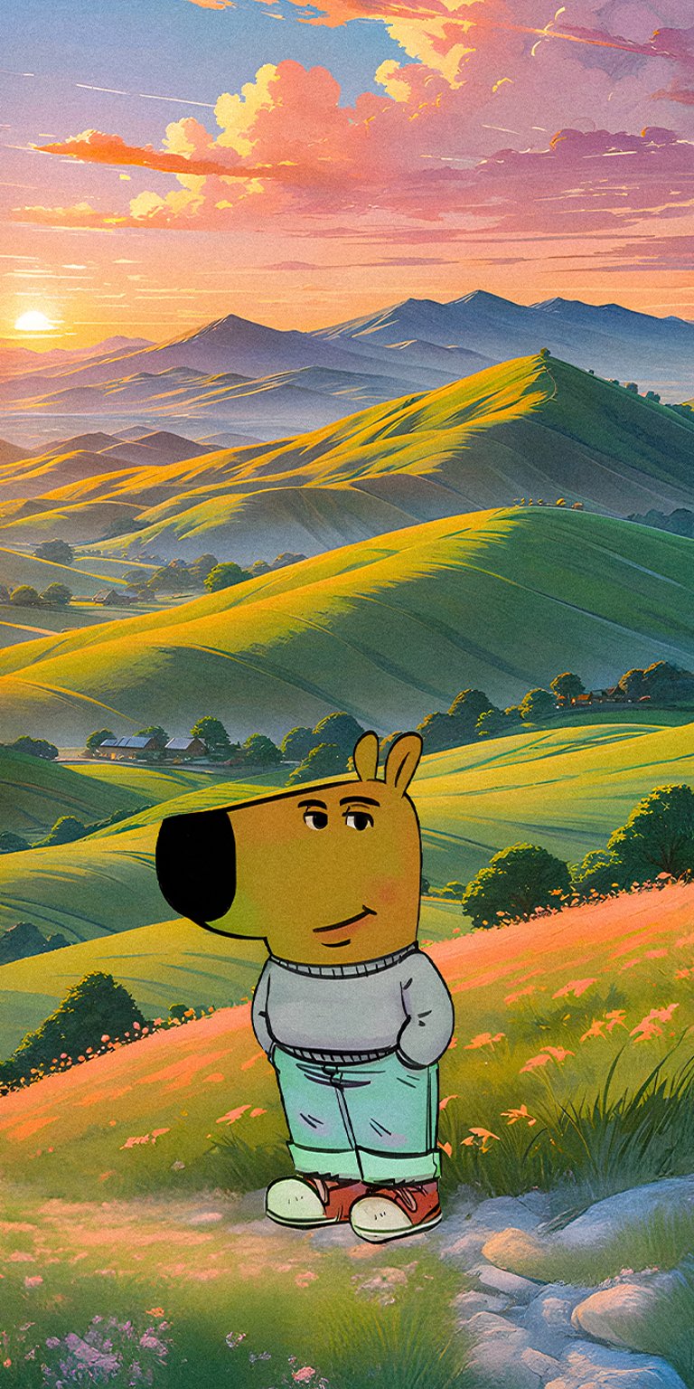 Chill Guy standing on the top of the mountain phone wallpaper