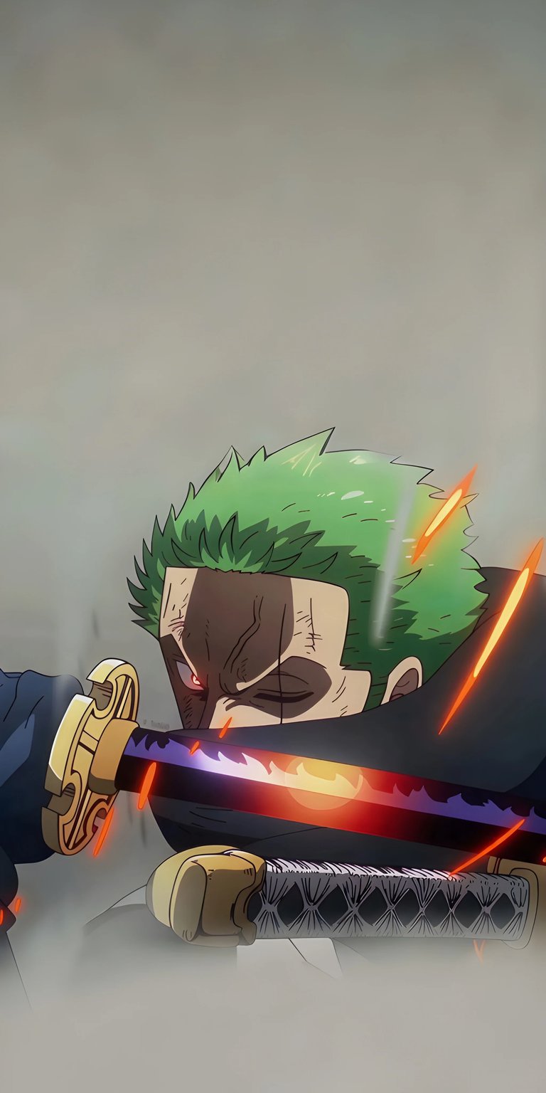 Download this high-quality Zoro wallpaper in 4K resolution for your iPhone, showcasing his vibrant green hair and the fiery glow of his katana. This dynamic wallpaper captures Zoro's intense gaze and the detailed golden hilt of his sword.