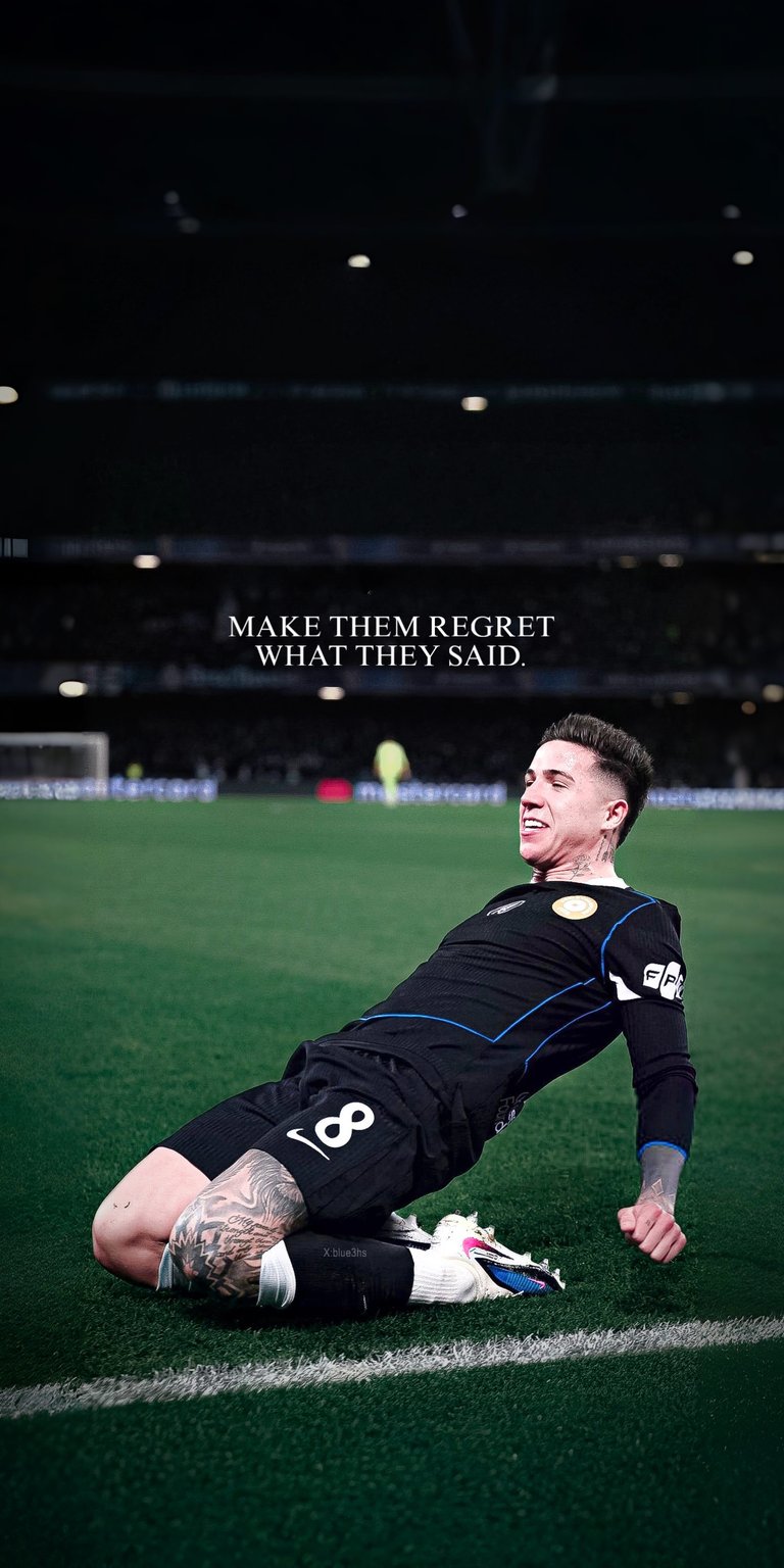This Enzo Fernández 4K wallpaper brings an intense competitive energy to your iPhone as part of our Aesthetic wallpapers collection. The image features a cinematic knee-slide celebration in a black kit under a bold motivational quote.