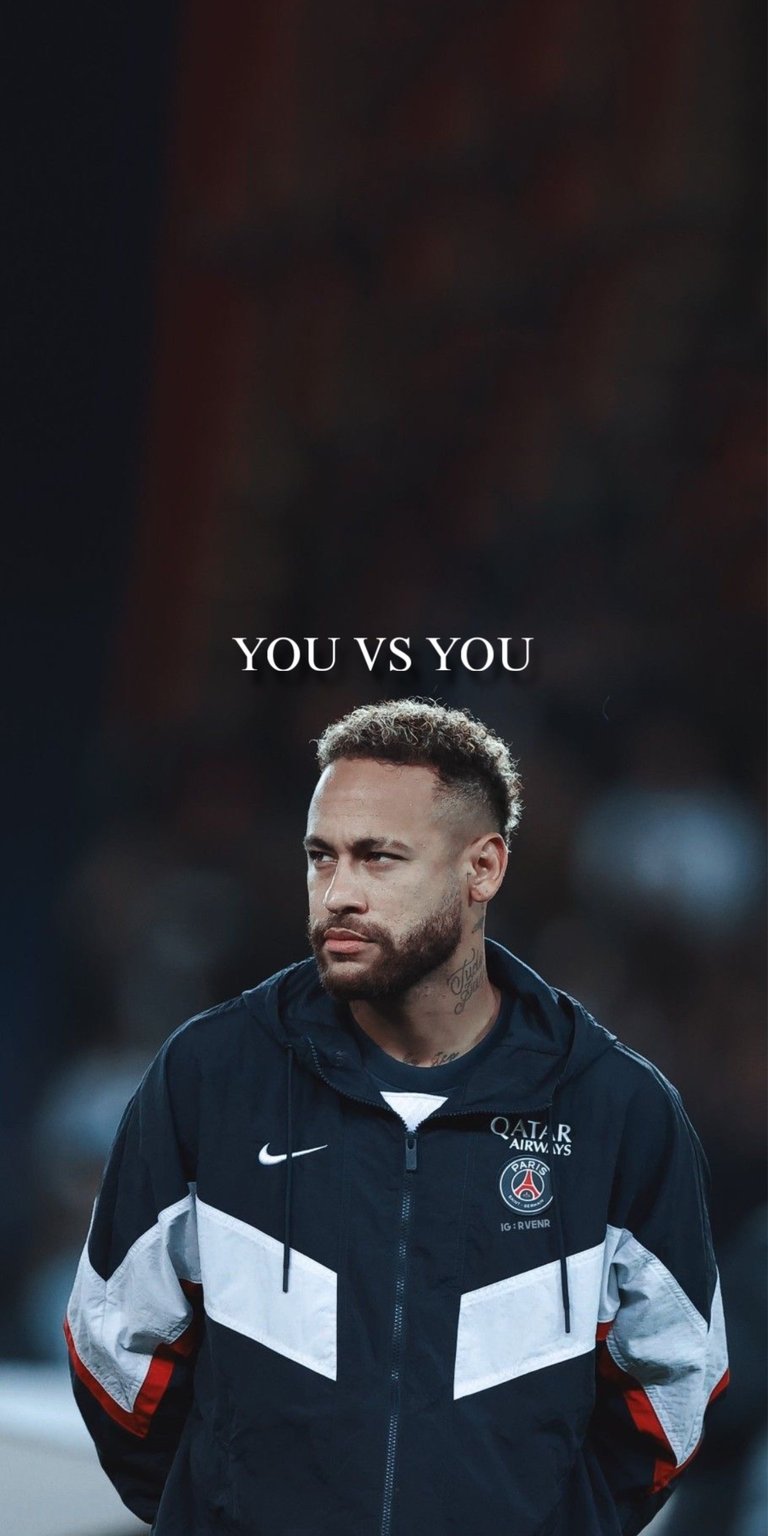 Get this stunning Neymar 4K wallpaper for your iPhone, showcasing his iconic hairstyle and the sleek Qatar Airways logo on his jacket. This high-quality wallpaper captures Neymar in a 'You vs You' moment.