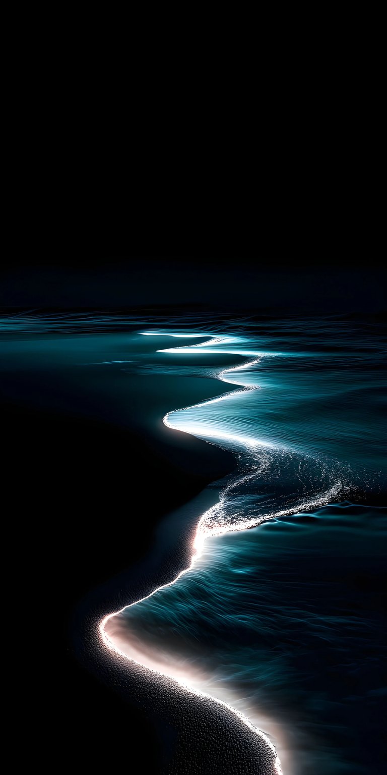 Download this stunning ocean wave 4K wallpaper for your iPhone, featuring a mesmerizing teal river of light flowing through a dark abyss. The wallpaper captures the subtle ripples and shining crests of waves with fine detail.