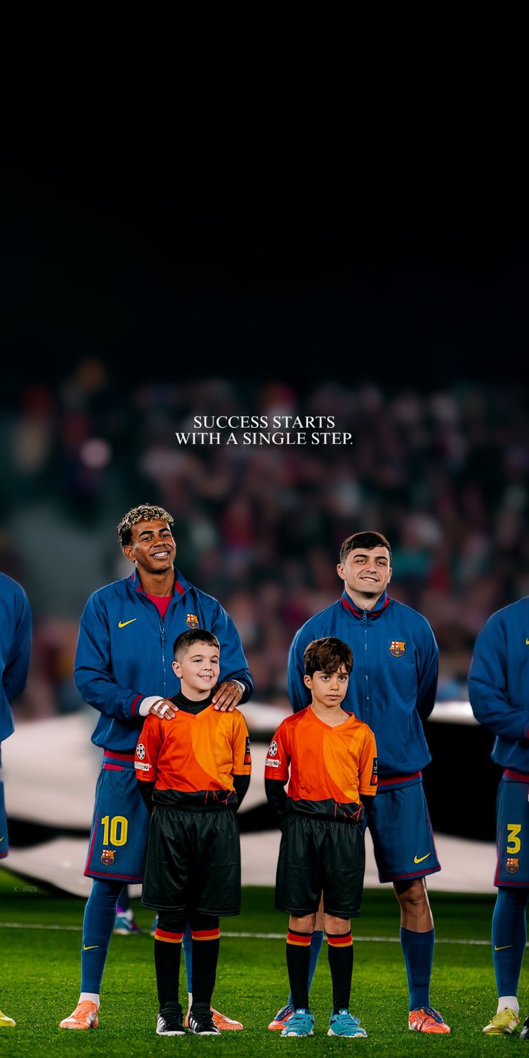An inspiring sports wallpaper featuring the stars of FC Barcelona alongside youth players, symbolizing the club's "Més que un club" philosophy. Showcasing the iconic Blaugrana kit under the stadium lights, this piece celebrates the bridge between the legendary academy and the first team.