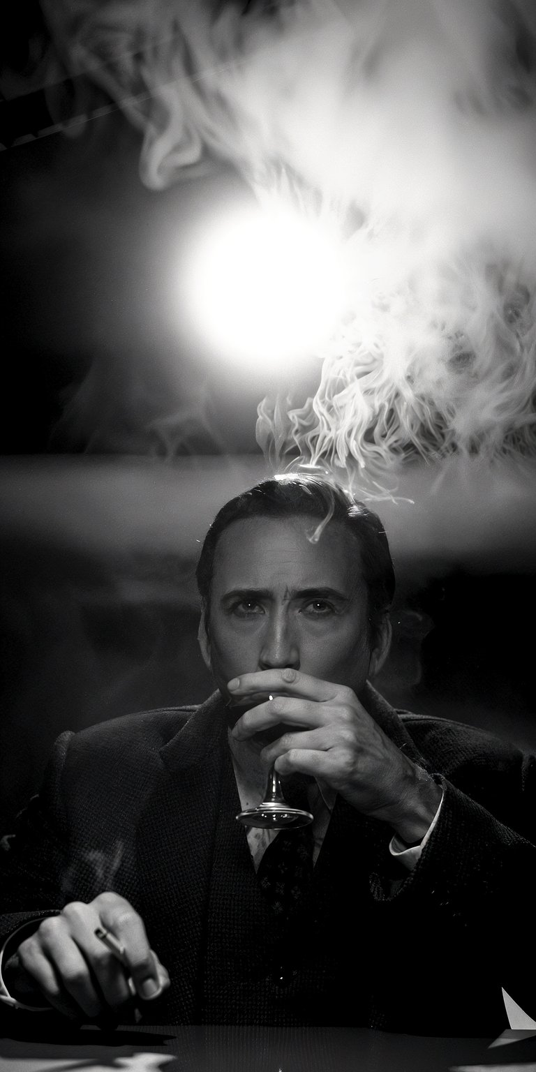 This 4K wallpaper features a high-contrast noir-style portrait of Nicolas Cage shrouded in smoke. It is a cinematic aesthetic wallpaper designed perfectly for the iPhone lock screen, utilizing deep shadows and dramatic monochrome lighting.
