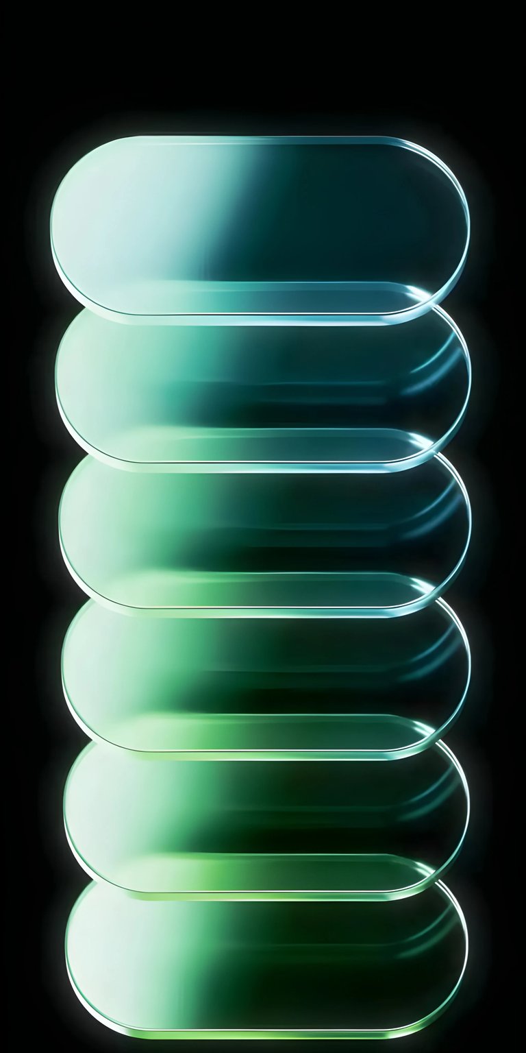 Elevate your iPhone's aesthetic with this mesmerizing 4K wallpaper featuring stacked glass panels in gradient shades. The illuminated edges and floating effect against the black background create a stunning visual depth, perfect as a sleek wallpaper.