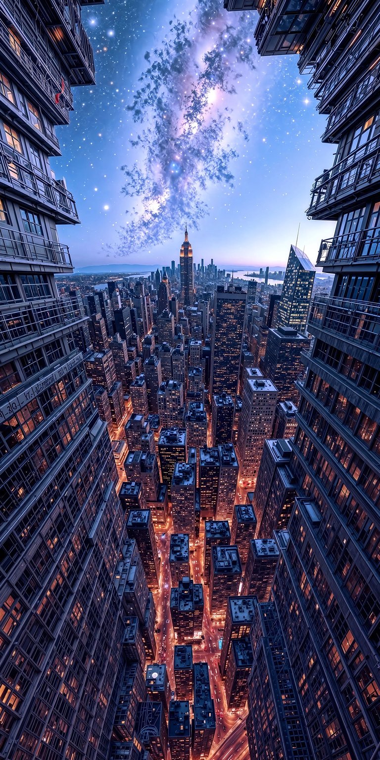 Download this stunning New York 4K wallpaper for your iPhone, showcasing a vibrant night skyline. This wallpaper features a view of the Empire State Building, skyscrapers illuminated at night, and a visible Milky Way overhead.