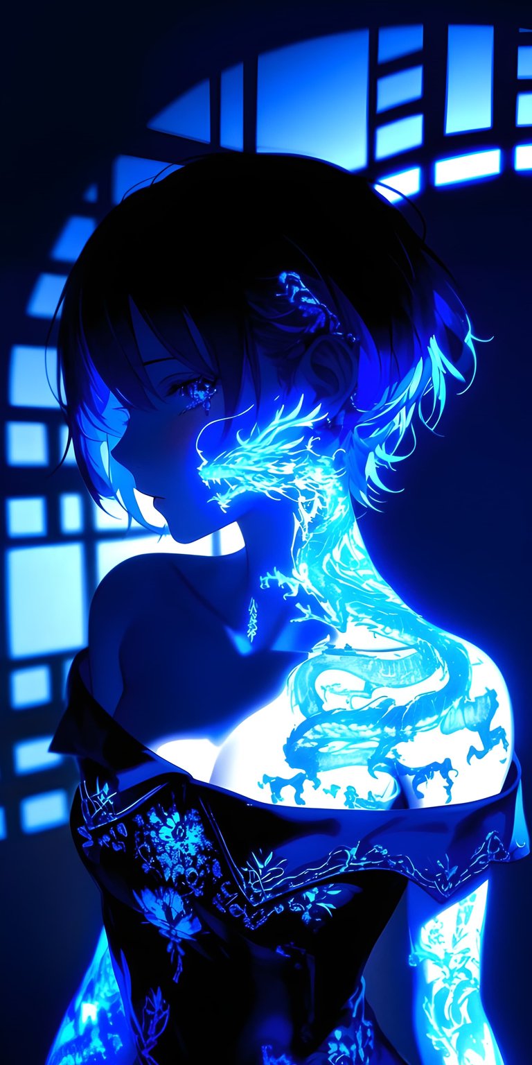 Elevate your mobile screen with this stunning Blue Dragon Kimono Girl 4K wallpaper featuring glowing neon tattoos and traditional Japanese aesthetics. This high-resolution phone wallpaper perfectly blends dark fantasy with vibrant blue light for a striking visual impact.