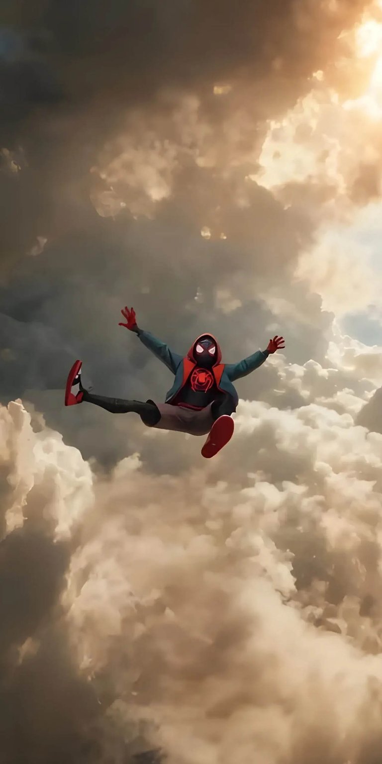 Elevate your iPhone with this cinematic Aesthetic wallpapers featuring Miles Morales falling through a sea of golden clouds. This high-action wallpaper captures dramatic warm lighting and a sense of infinite height for a heroic lock screen.