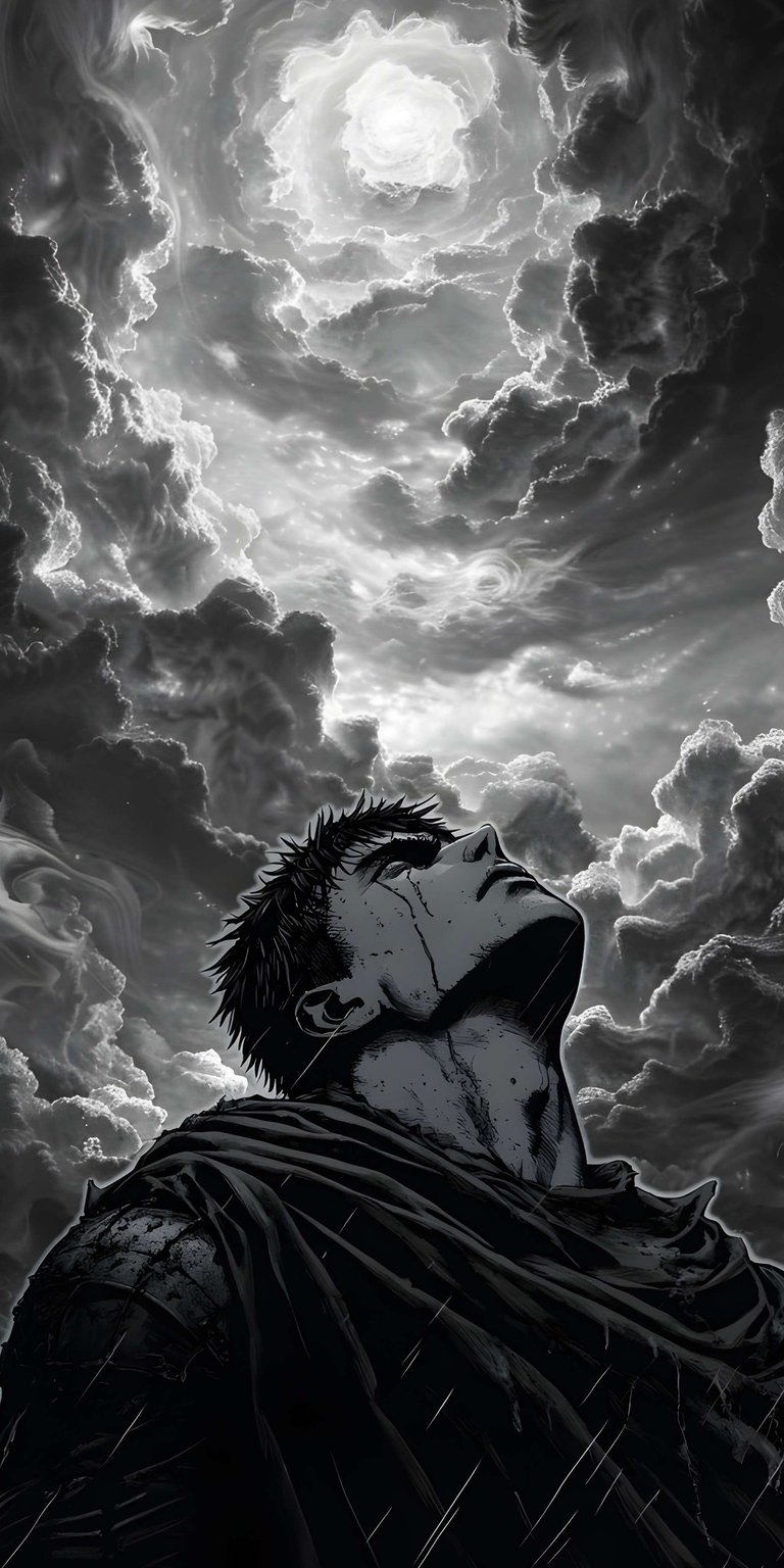 This striking Guts wallpaper showcases the character gazing upwards towards a swirling cloudscape in detailed 4K resolution. The monochrome image highlights the sharp lines of Guts' face, complete with a tear, and the rain effects create an atmospheric wallpaper for your iPhone.
