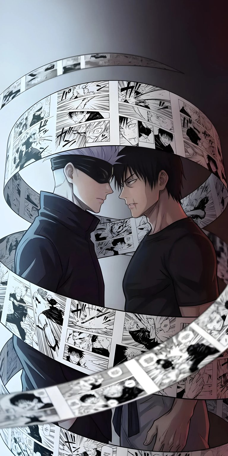 Download this stunning Gojo and Toji 4K wallpaper for your iPhone, featuring black and white manga panels swirling around them. This unique wallpaper showcases Gojo's signature blindfold and Toji's intense stare.