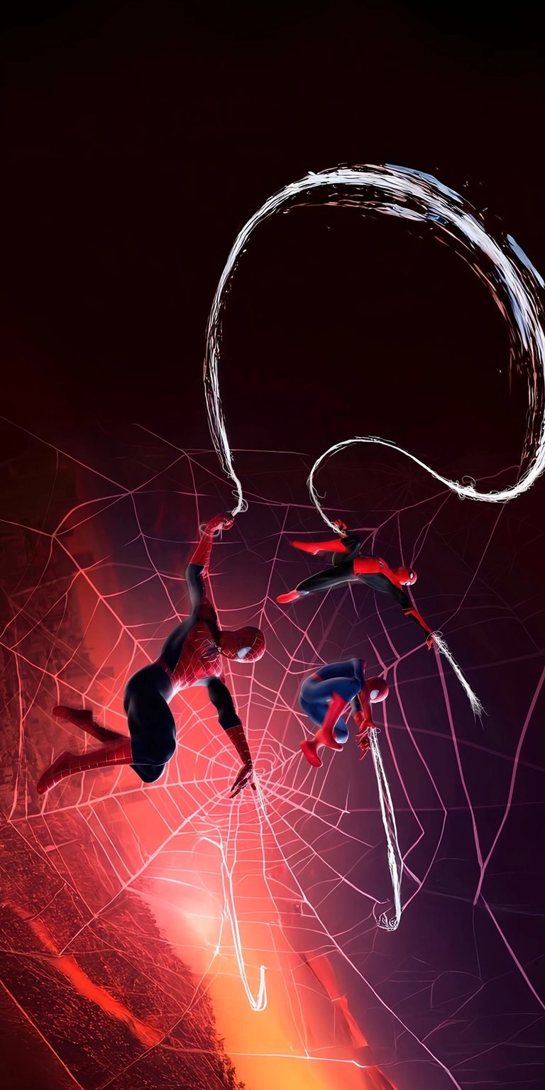 Download this incredible Spider-Man wallpaper in 4K for your iPhone, showcasing three distinct Spider-Man suits amidst a fiery web of intricate patterns. Marvel at the dynamic poses and the glowing strands of web in this stunning wallpaper.