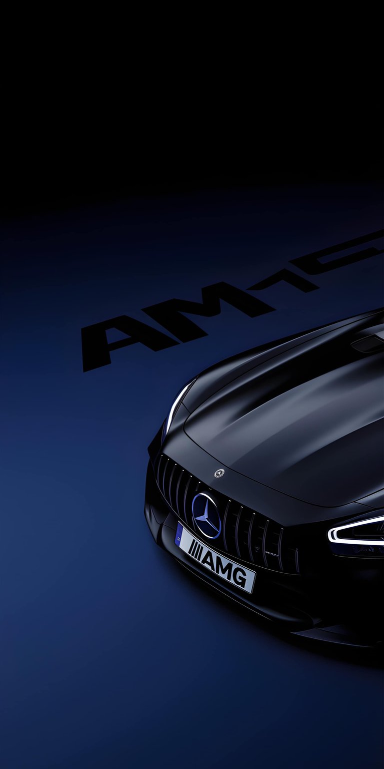 This high-contrast Mercedes-AMG GT Coupe 4K wallpaper is optimized for OLED screens, featuring deep black tones and sharp blue accents. The minimalist composition highlights the iconic Panamericana grille and sleek hood lines for a premium iPhone lock screen experience.