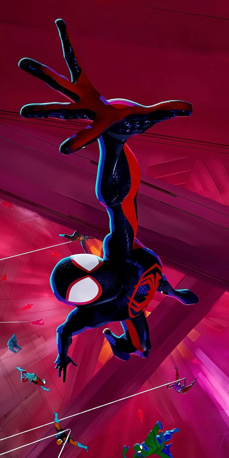 Inspired by the hit film Spider-Man: Across the Spider-Verse, this wallpaper features Miles Morales in a dynamic, gravity-defying pose. The artwork utilizes the signature "Spider-Verse" glitch aesthetic and vibrant purple and red hues. It is perfectly framed for iPhone and Android lock screens, allowing the clock to sit naturally above Miles' acrobatic leap.