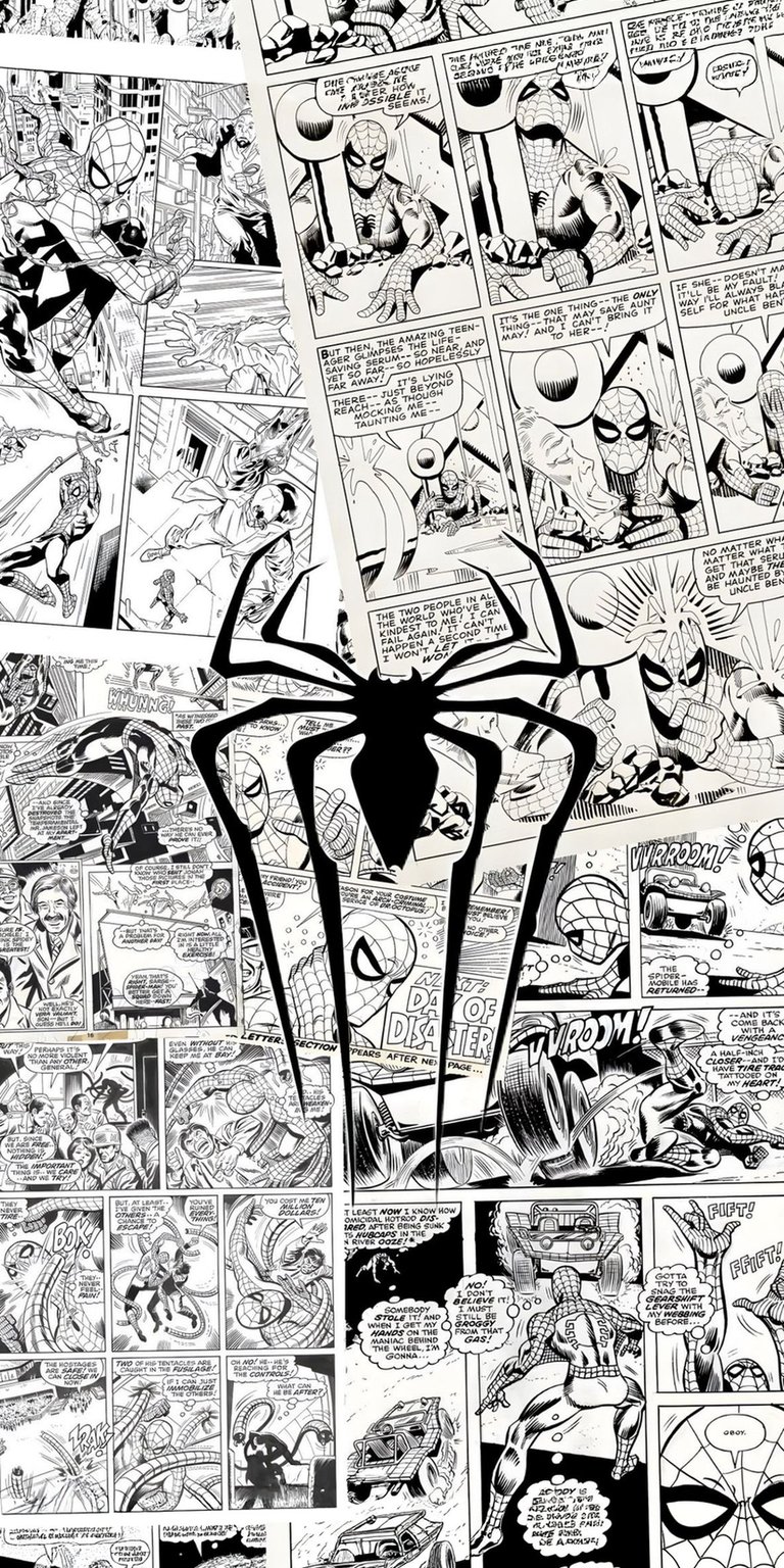 Dive into Marvel history with this Spider-Man comic book 4K wallpaper featuring authentic panel textures and a bold central spider emblem. A perfect vintage-style mobile wallpaper for fans seeking a classic black and white aesthetic.