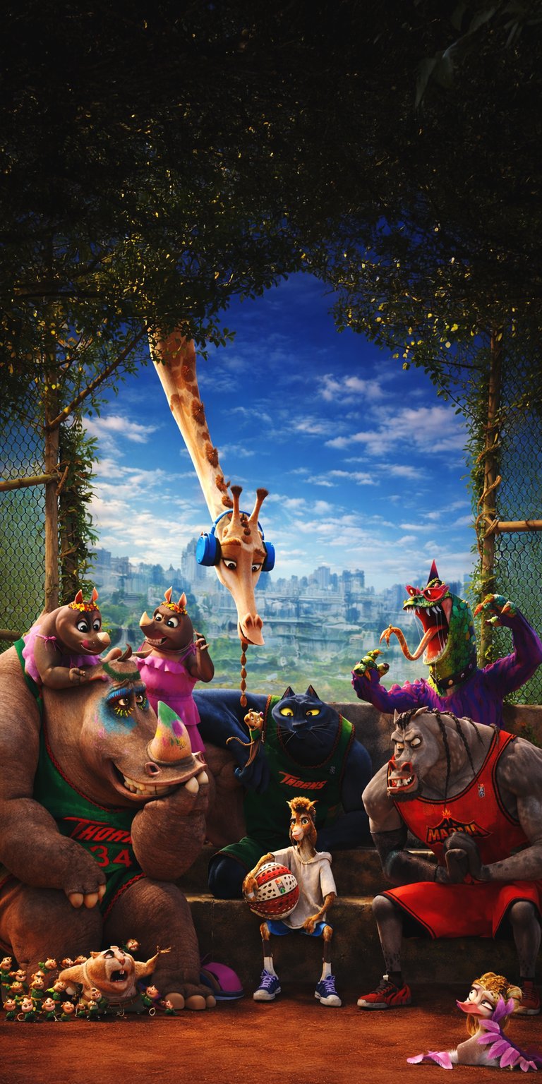 This vibrant 4K wallpaper features the main cast of Sony's animated film Goat. This aesthetic wallpaper is perfect for your iPhone, highlighting the diverse animal athletes and cinematic urban basketball court setting.