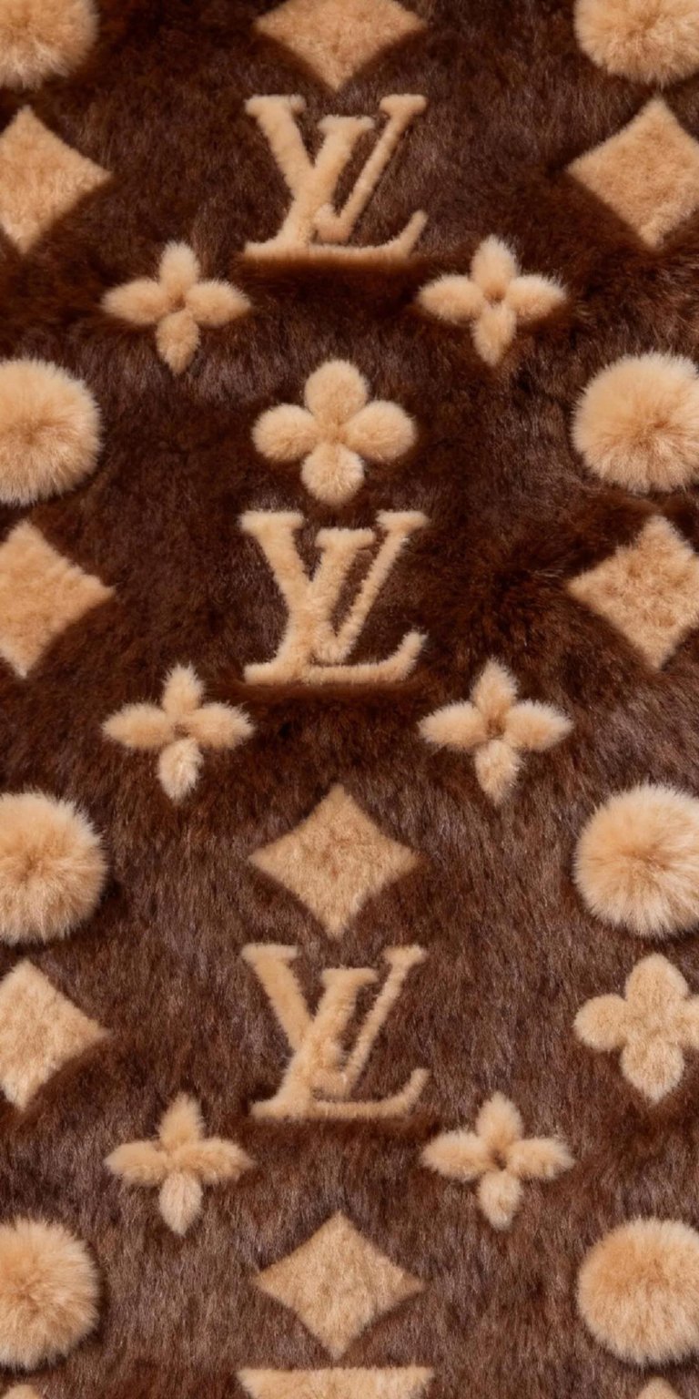 Download this stylish Louis Vuitton 4K wallpaper for your iPhone, showcasing a brown furry texture. This wallpaper features LV logos, diamond shapes, and fluffy circles.