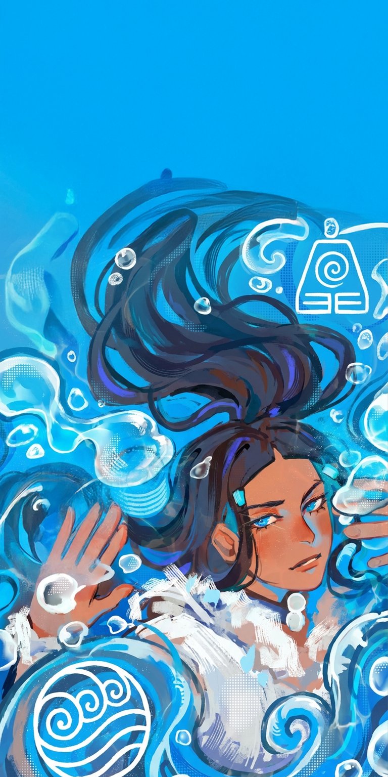This Katara Waterbending Aesthetic 4K wallpaper features a stunning, painterly illustration of the iconic character surrounded by swirling blue waves and bubbles. The vibrant cerulean tones and soft textures make this 4K wallpaper a perfect choice for an expressive iPhone lock screen.