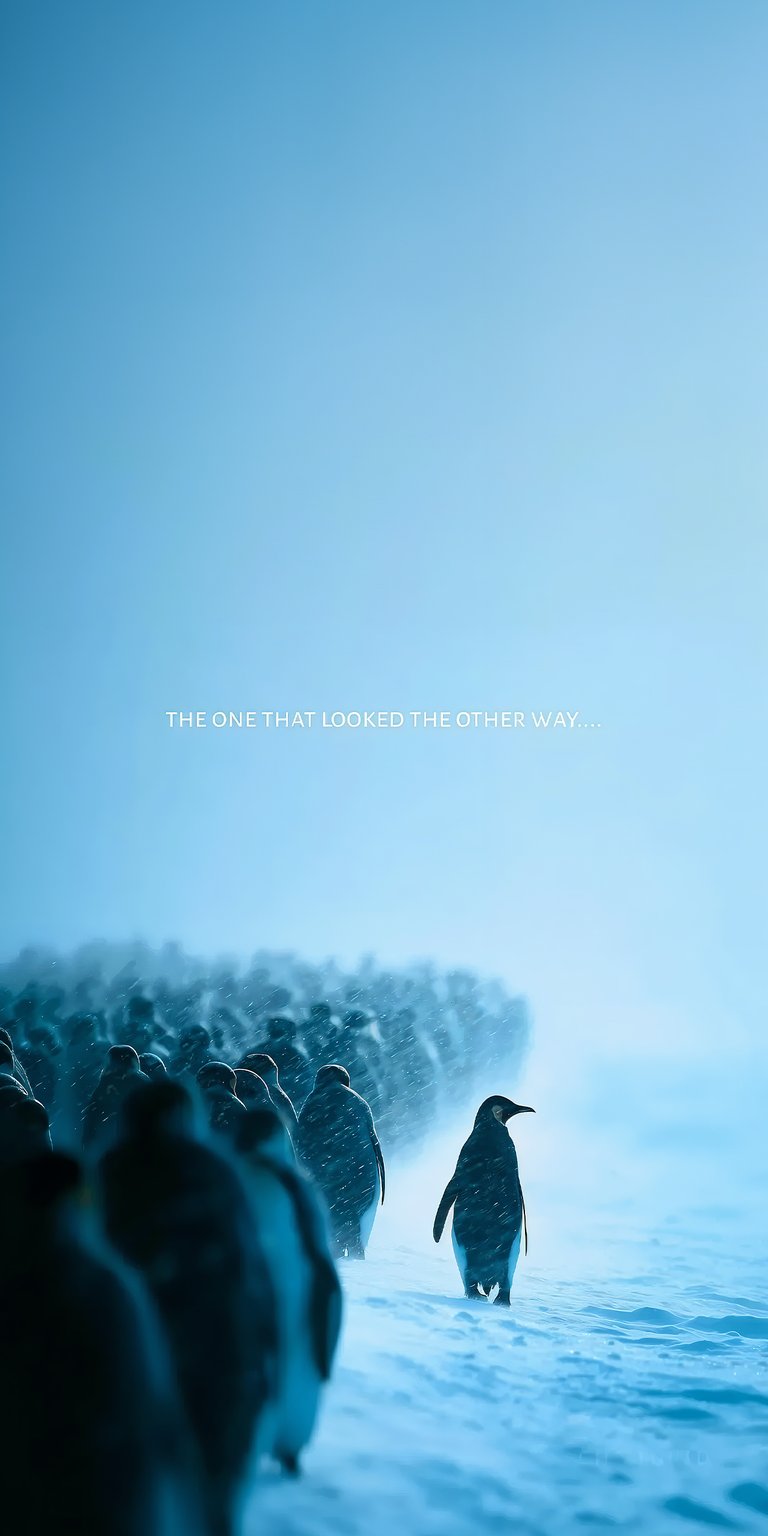 Bring nature to your device with this penguin wallpaper showcasing a huddle of animals across a vast frozen landscape. This 4K wallpaper is optimized for mobile screens to highlight realistic snowy textures and soft morning light.