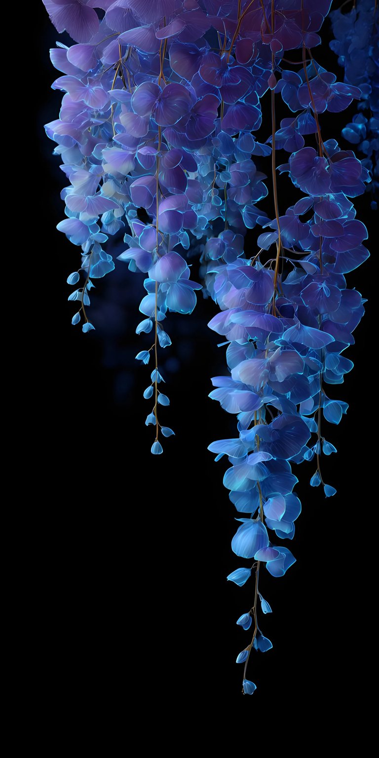 Download this stunning blue flowers wallpaper in 4K for your iPhone, showcasing translucent petals, dangling vines, and a deep black background. This flower wallpaper will give your mobile device a fresh new look.