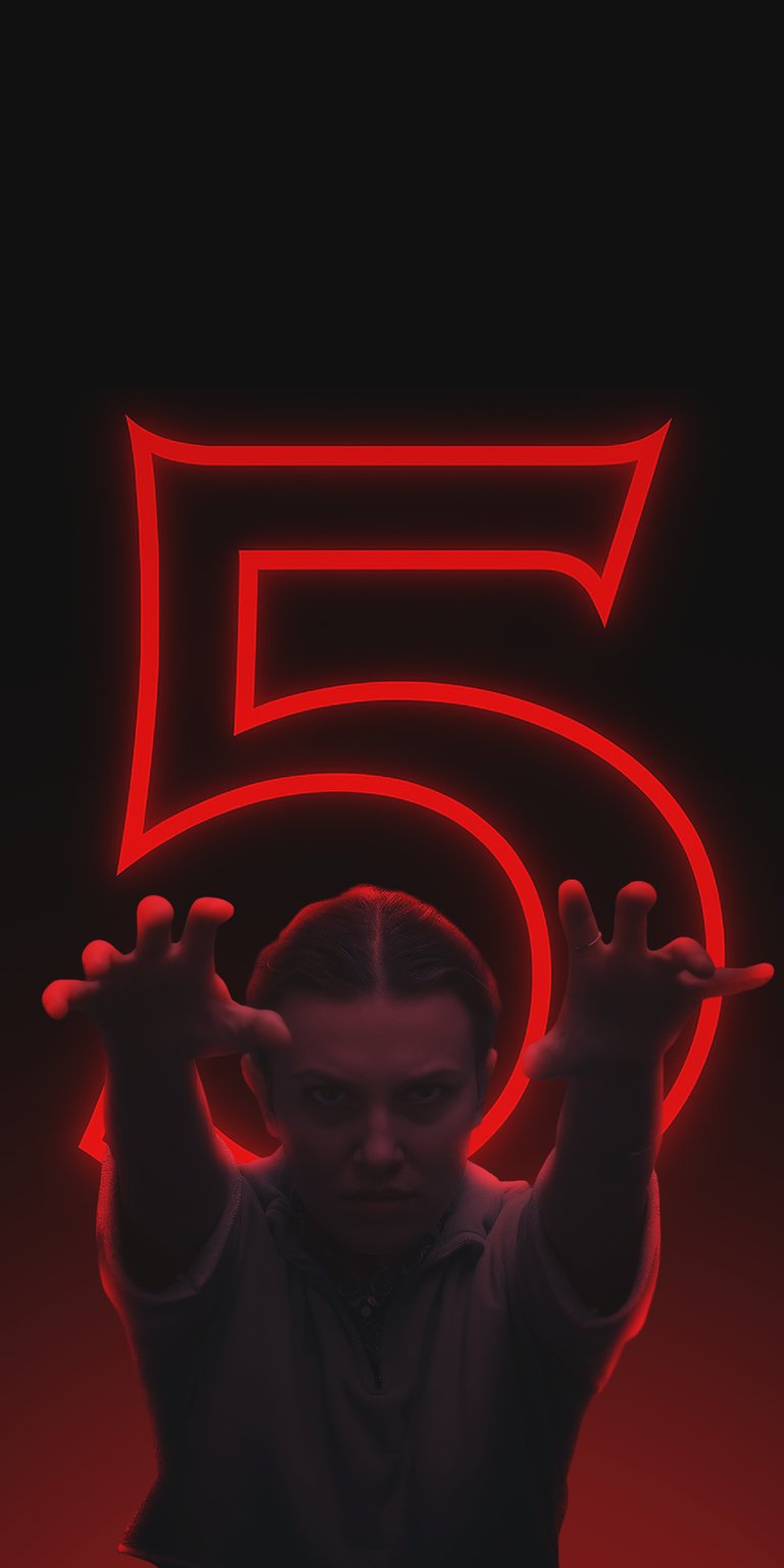 Get this Eleven wallpaper for your iPhone. This 4K wallpaper showcases Eleven with her hair in braids and a large neon red number 5 in the background.
