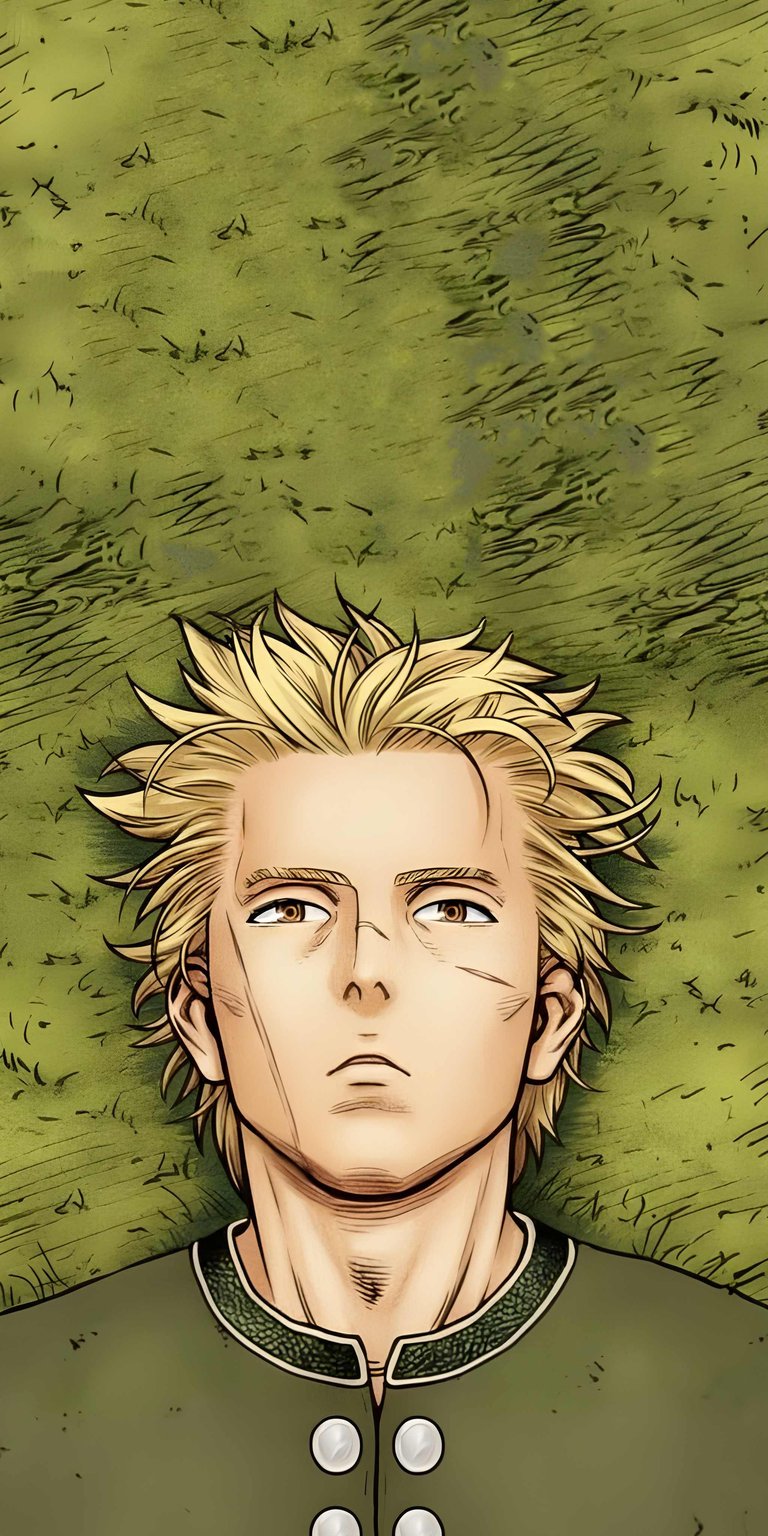 Download this amazing Thorfinn 4K wallpaper for your iPhone, showcasing his blond spiky hair and distinctive scars. Enjoy this detailed wallpaper featuring a patterned green background and tunic.