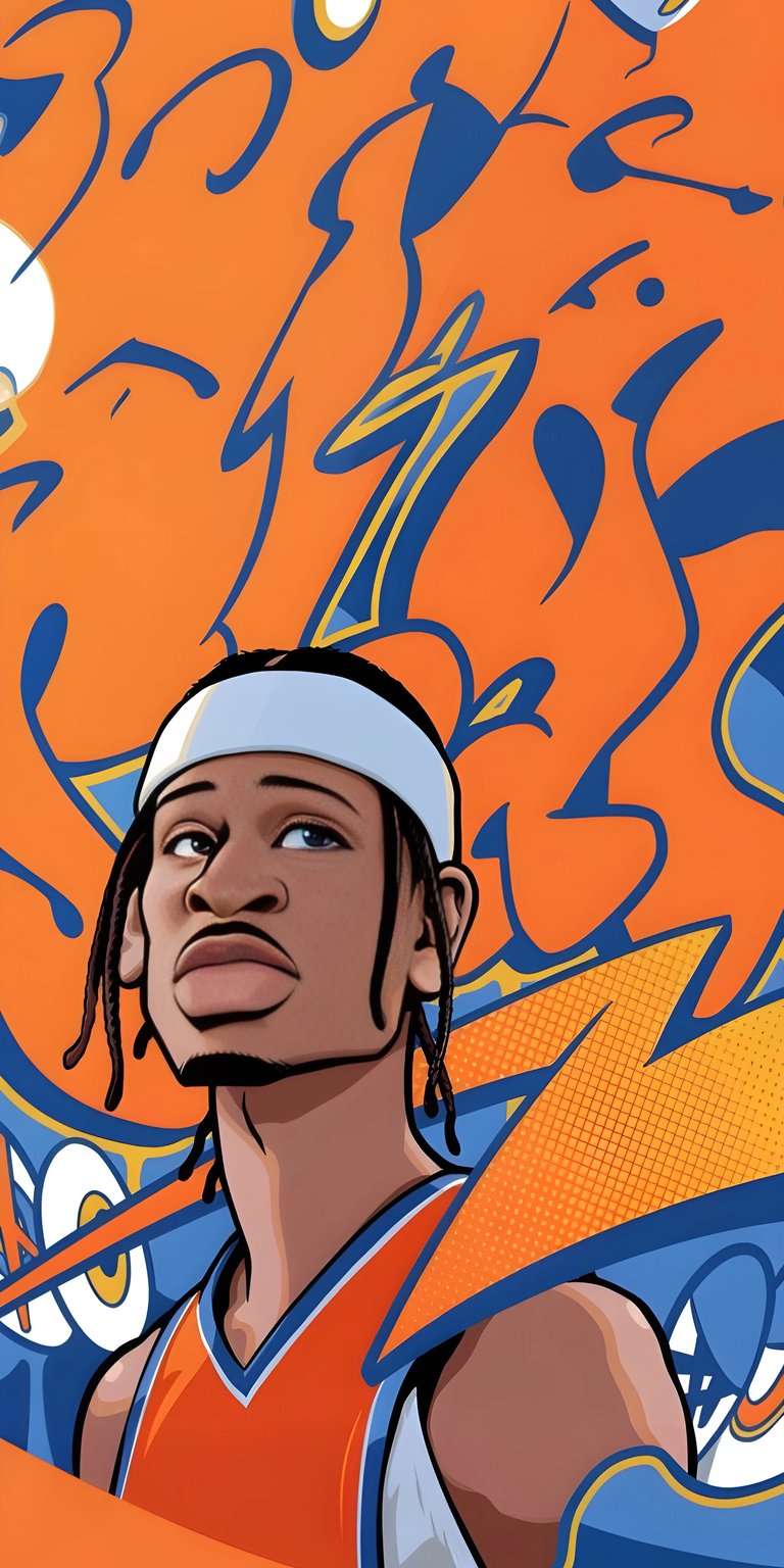 This stylish Shai Gilgeous-Alexander 4K wallpaper is perfect for your iPhone, showcasing a unique illustrated style. Notice the striking lightning bolt design and the colorful orange and blue graffiti background.