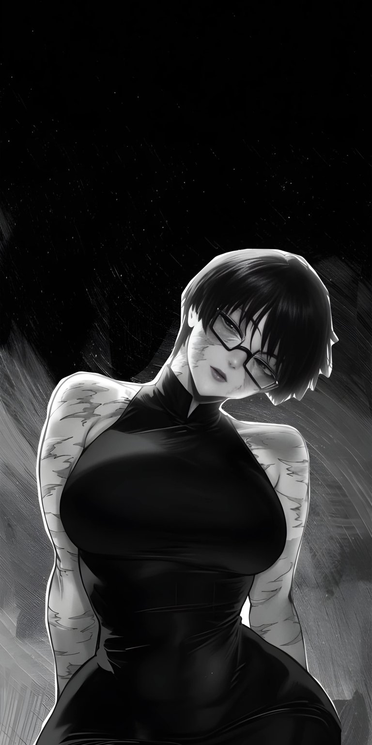 Download this striking Maki Zenin wallpaper in 4K for your iPhone, showcasing her in a sleek black dress and stylish glasses. Notice the distinct markings adorning her arms and face against the stark black and white backdrop, making this a captivating wallpaper choice.