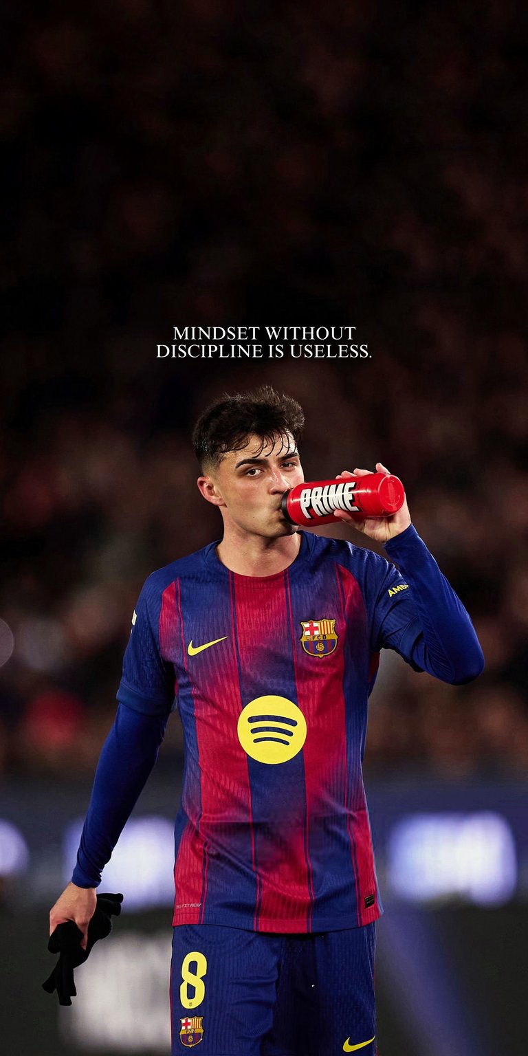 A striking 4K wallpaper featuring FC Barcelona and Spain midfielder Pedri taking a drink after a match. The photo is accompanied by the quote: "MINDSET WITHOUT DISCIPLINE IS USELESS." Captures the focus and hard work of the young star. Team branding includes the Spotify sponsor logo.
