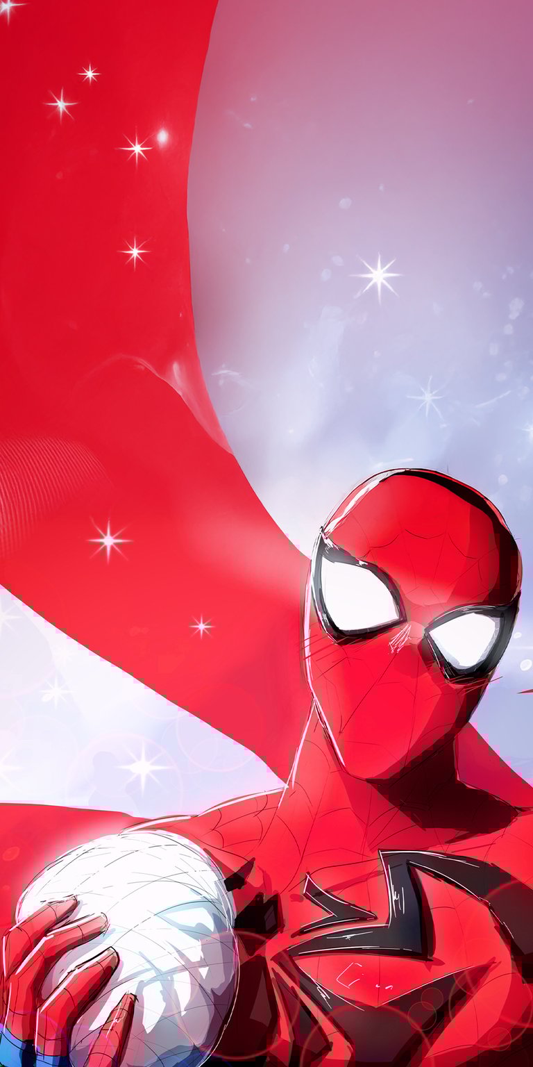 Upgrade your iPhone with this stunning Scarlet Spider 4K wallpaper, featuring a dynamic red and blue color scheme. Marvel at the detailed webbing, intense white eyes, and shimmering, star-filled backdrop with this unique Scarlet Spider wallpaper.