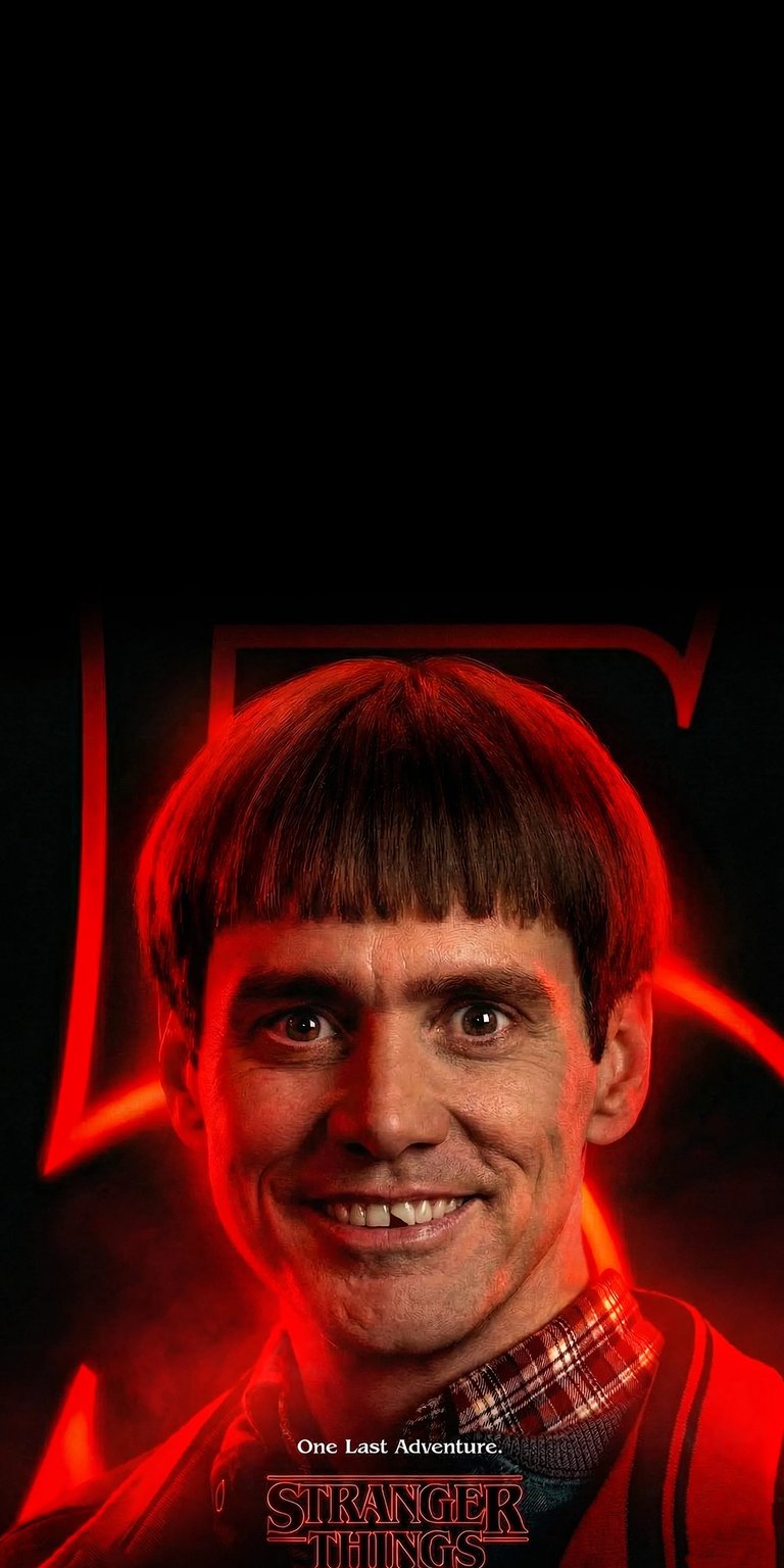 Get this Jim Carrey 4K wallpaper for your iPhone, showcasing his memorable bowl cut and the red Stranger Things logo. This wallpaper highlights his endearing smile and captures the essence of "One Last Adventure."