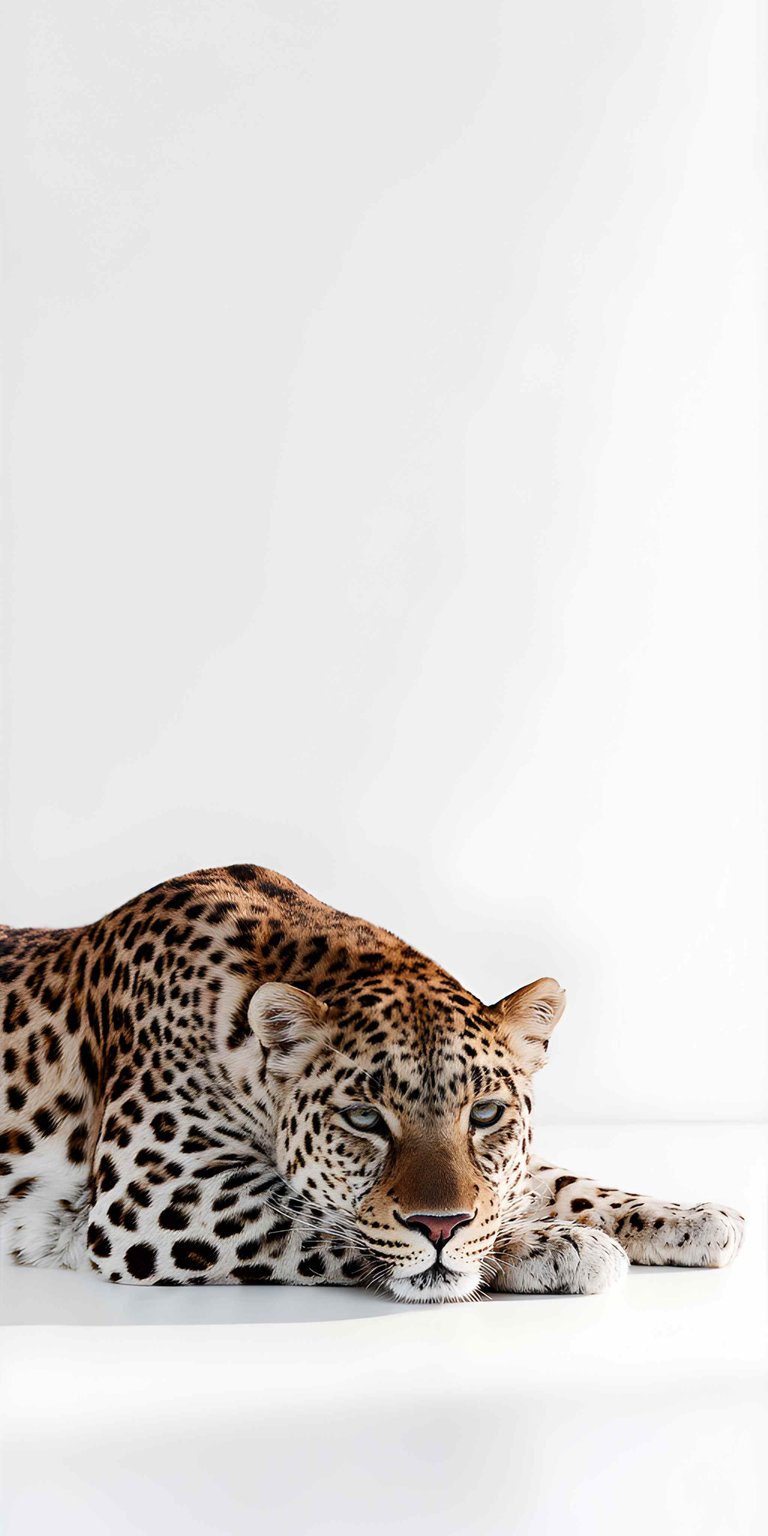 This stunning Minimalist wallpapers design features a majestic leopard crouching against a seamless, pure white background. Perfect for your iPhone, this wallpaper emphasizes sharp feline textures, natural golden hues, and a bright, clean aesthetic.