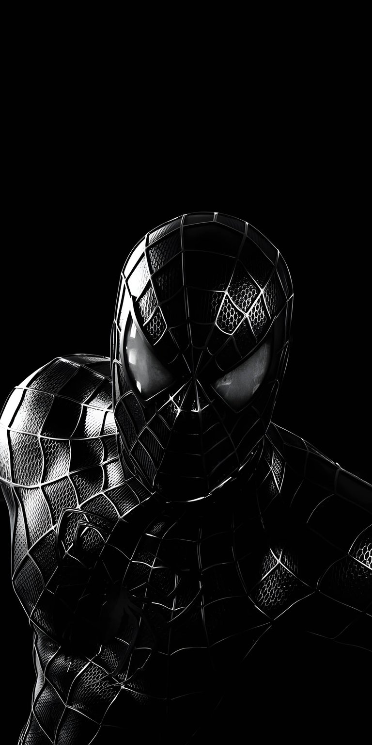 Download this striking Black Suit Spiderman 4K wallpaper for your iPhone, showcasing the detailed web pattern and glowing white eyes. This cool, dark wallpaper captures the essence of the symbiote suit in stunning detail.