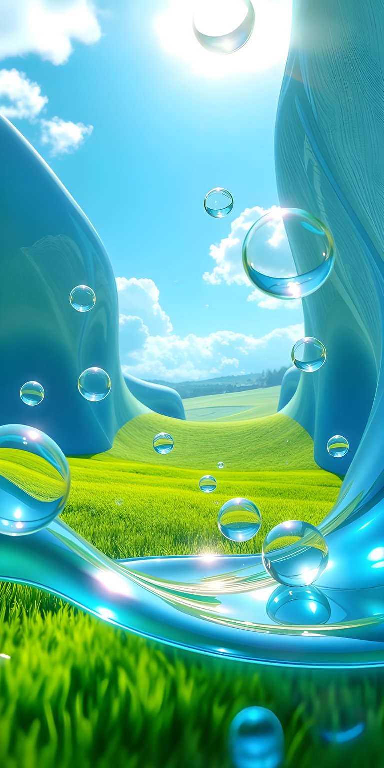 Download this stunning Bubbles landscape 4K wallpaper for your iPhone, featuring lush green fields, floating translucent spheres, and towering structures of turquoise glass. This wallpaper brings a touch of surreal beauty to your mobile device.