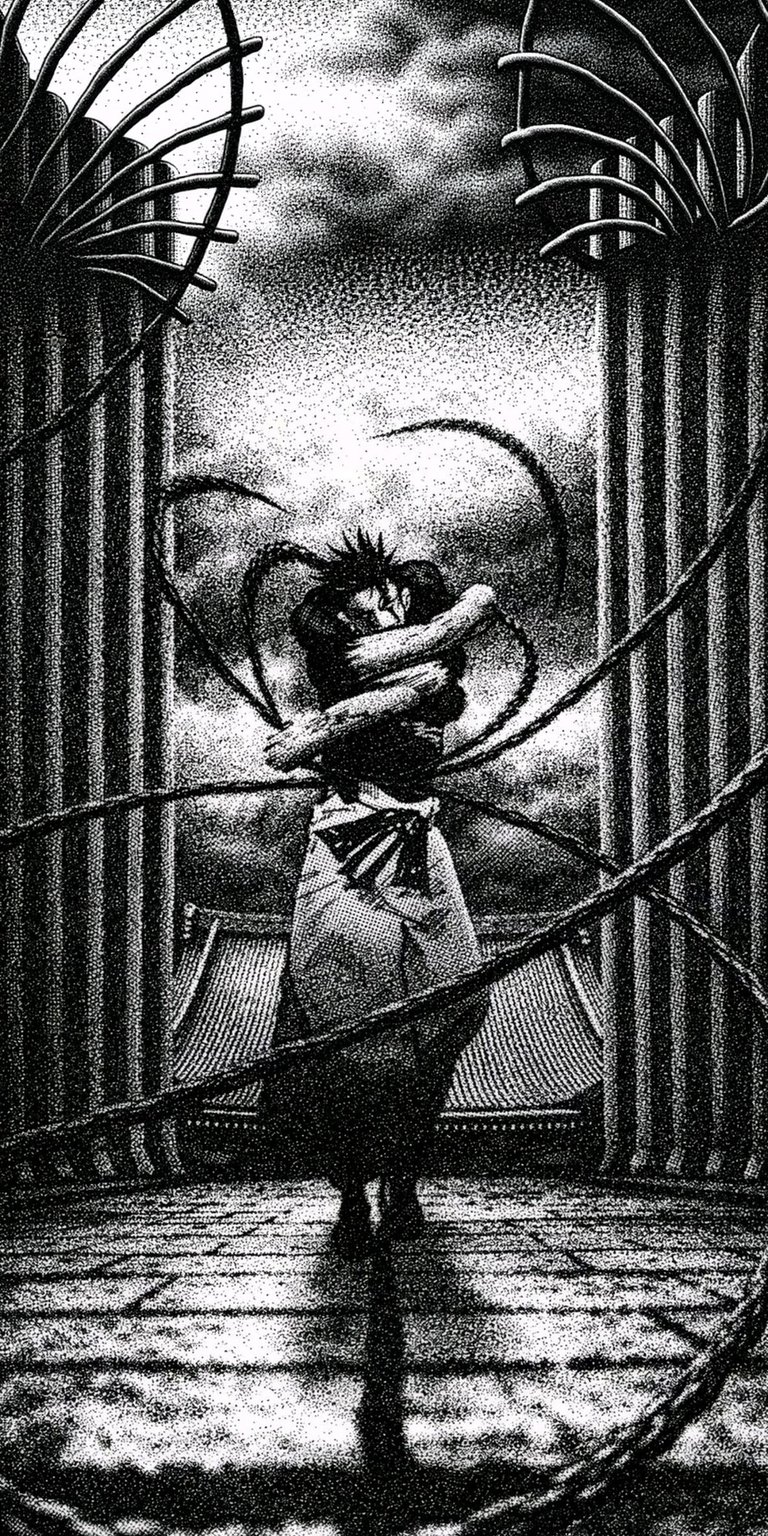 Download this stunning dark manga 4K wallpaper featuring a warrior entwined in shadow tendrils with intricate stipple shading. This mobile wallpaper offers a gritty, noir aesthetic with high-contrast textures perfect for an edgy iPhone lock screen.