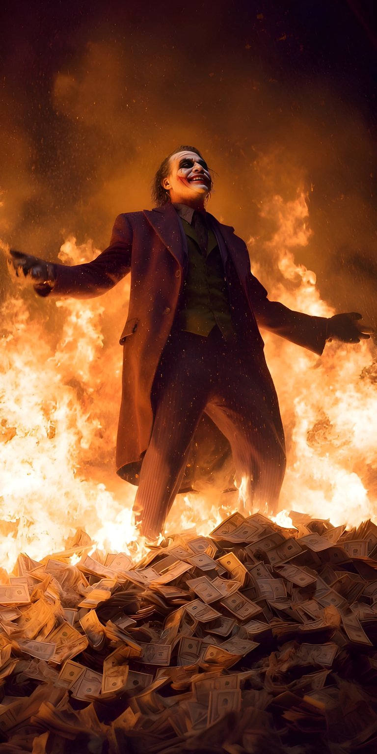 Joker standing on burning money iPhone wallpaper 4K